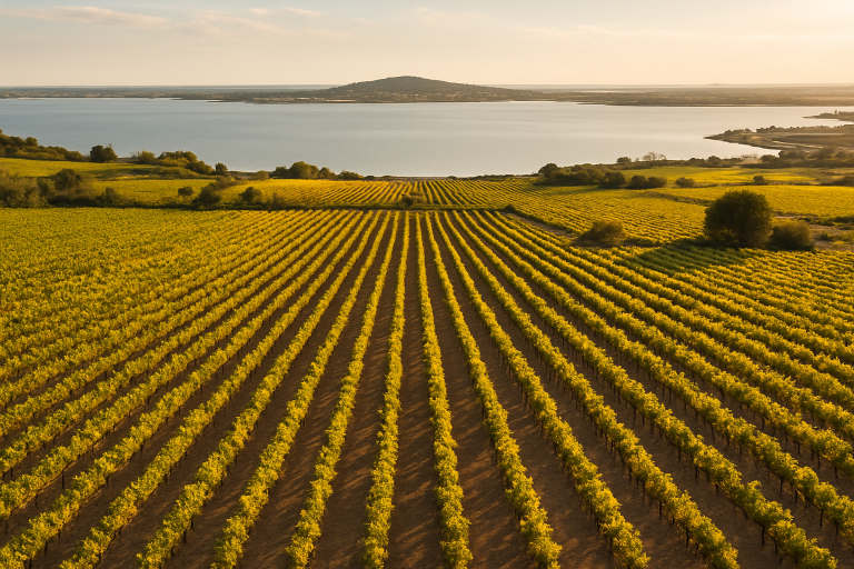 Vue aérienne des vignobles de Picpoul de Pinet face à l étang de Thau