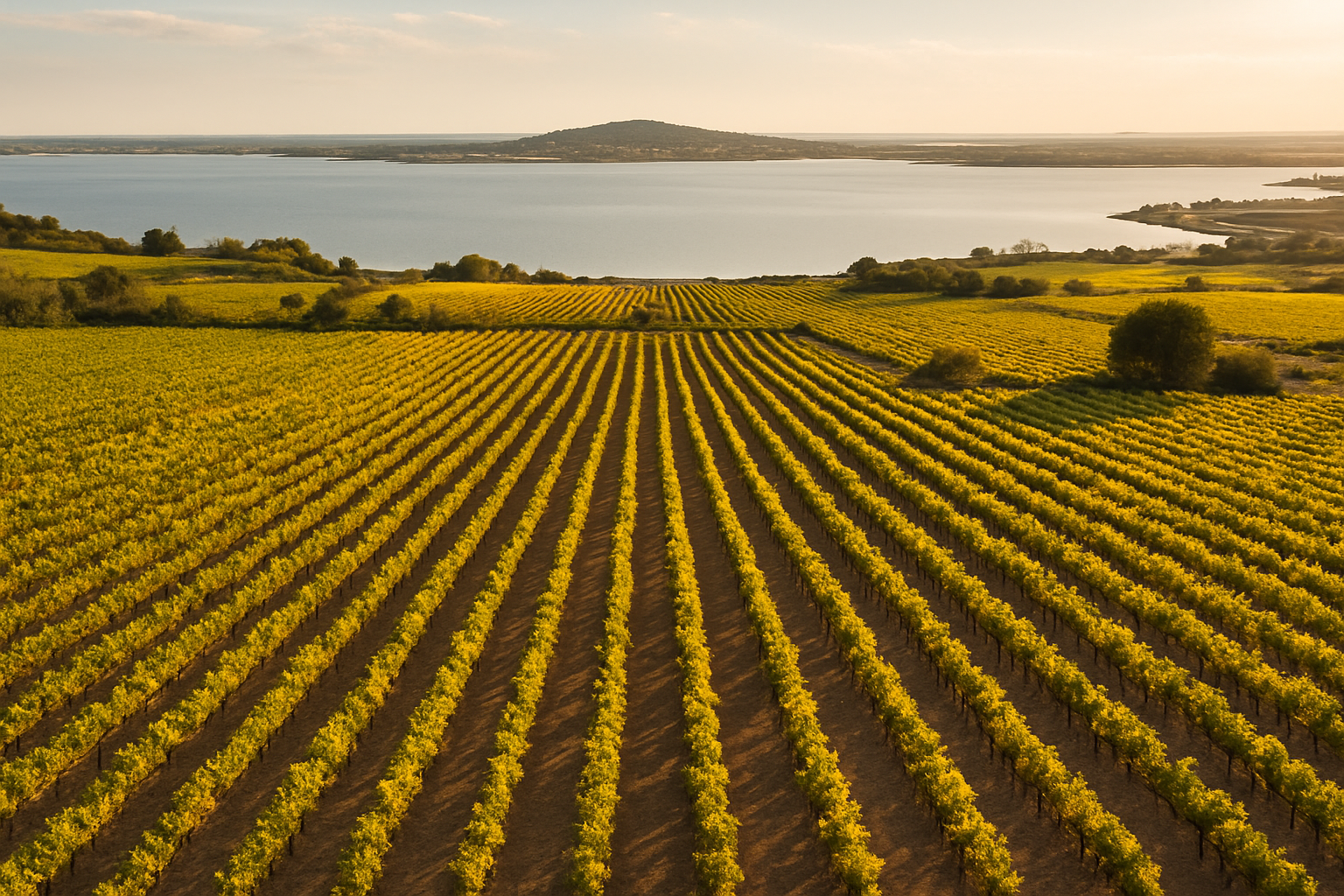 Vue aérienne des vignobles de Picpoul de Pinet face à l étang de Thau