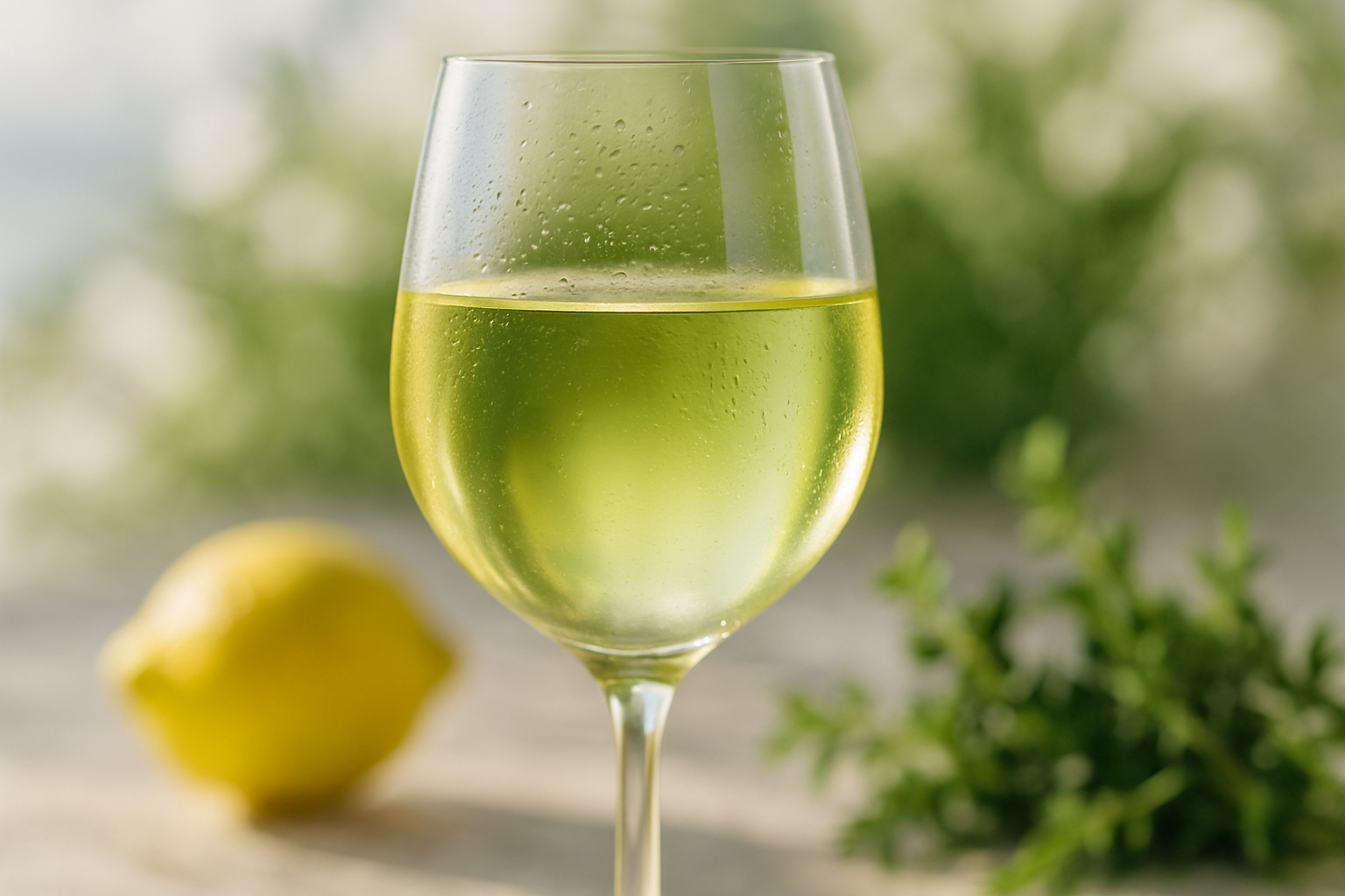 Verre de vin blanc Picpoul de Pinet avec ses reflets verts caractéristiques
