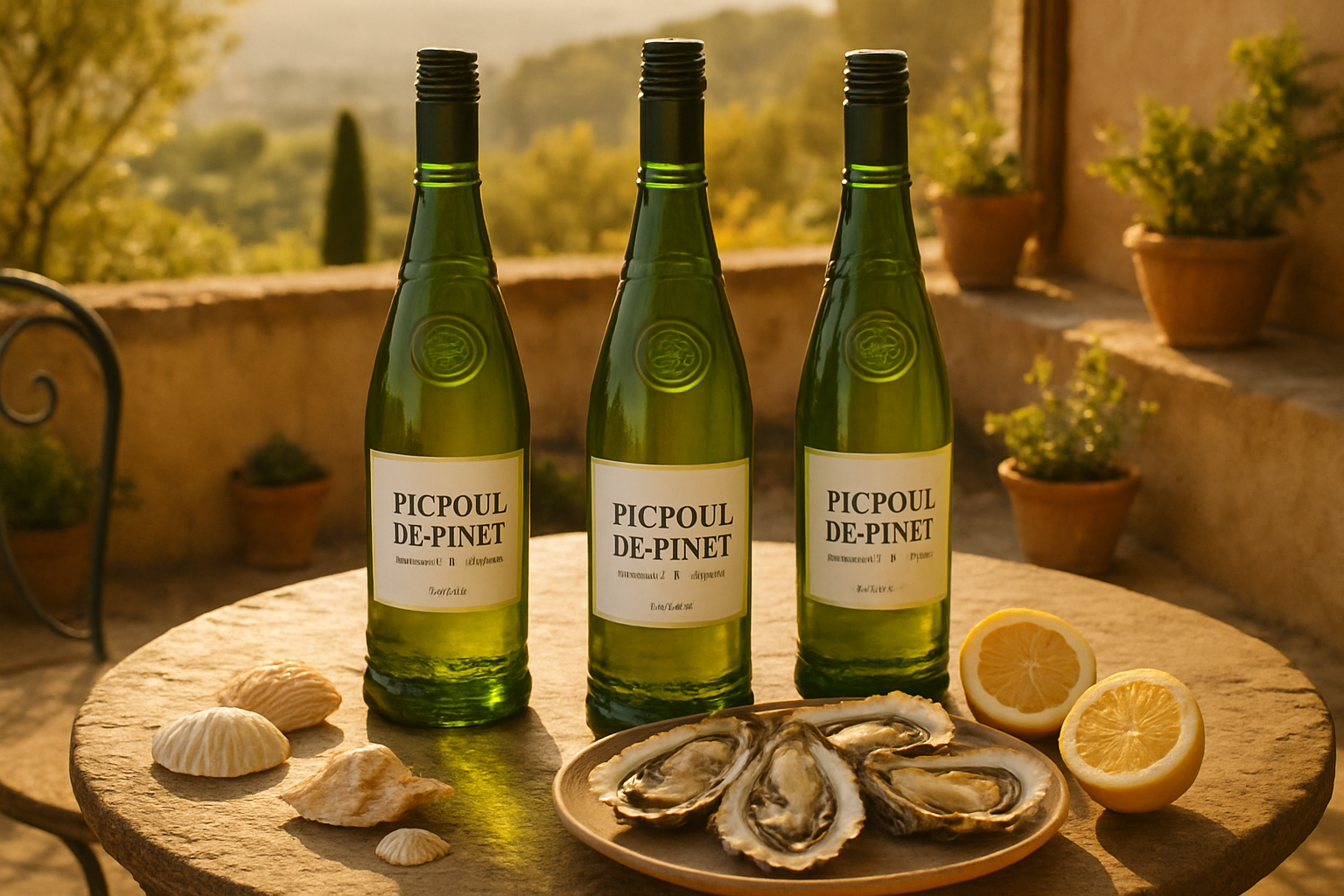 Bouteilles de Picpoul de Pinet avec huîtres et citrons sur terrasse ensoleillée