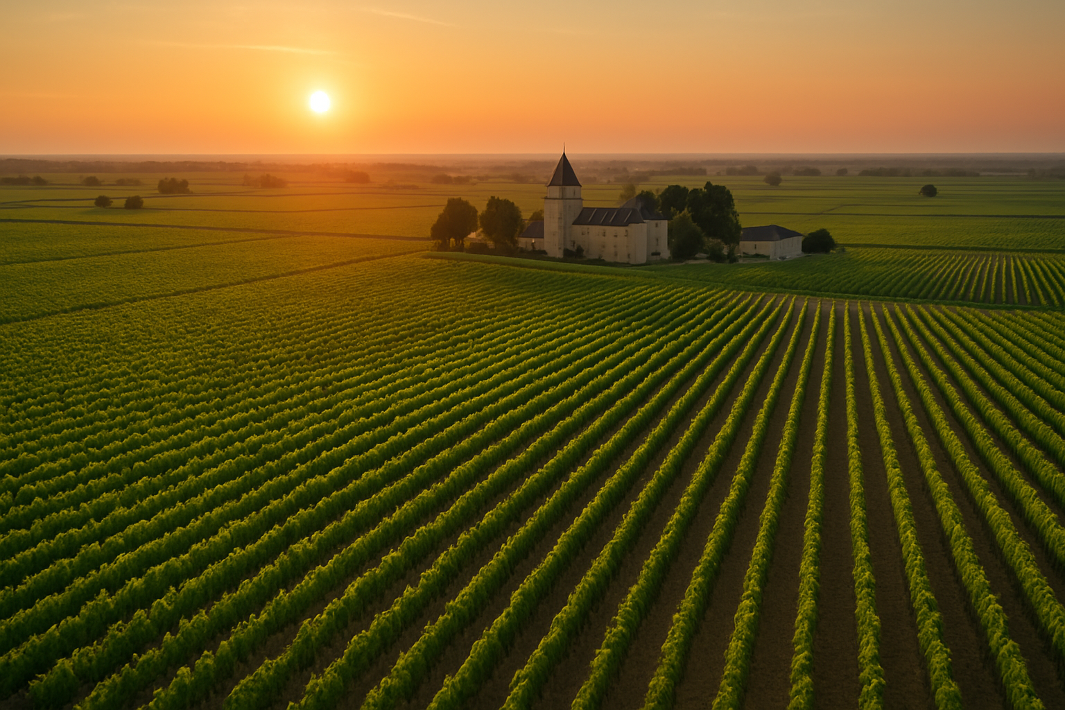 Vue aérienne des vignobles bordelais lors de la campagne des primeurs 2025