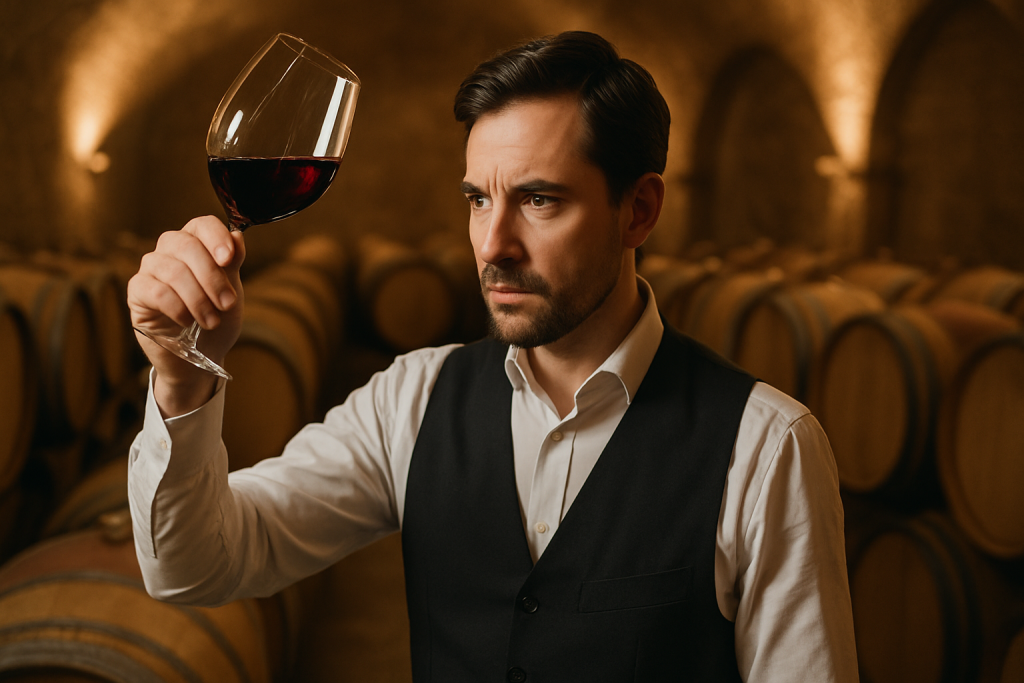 Un sommelier évalue les primeurs Bordeaux 2025 en cave