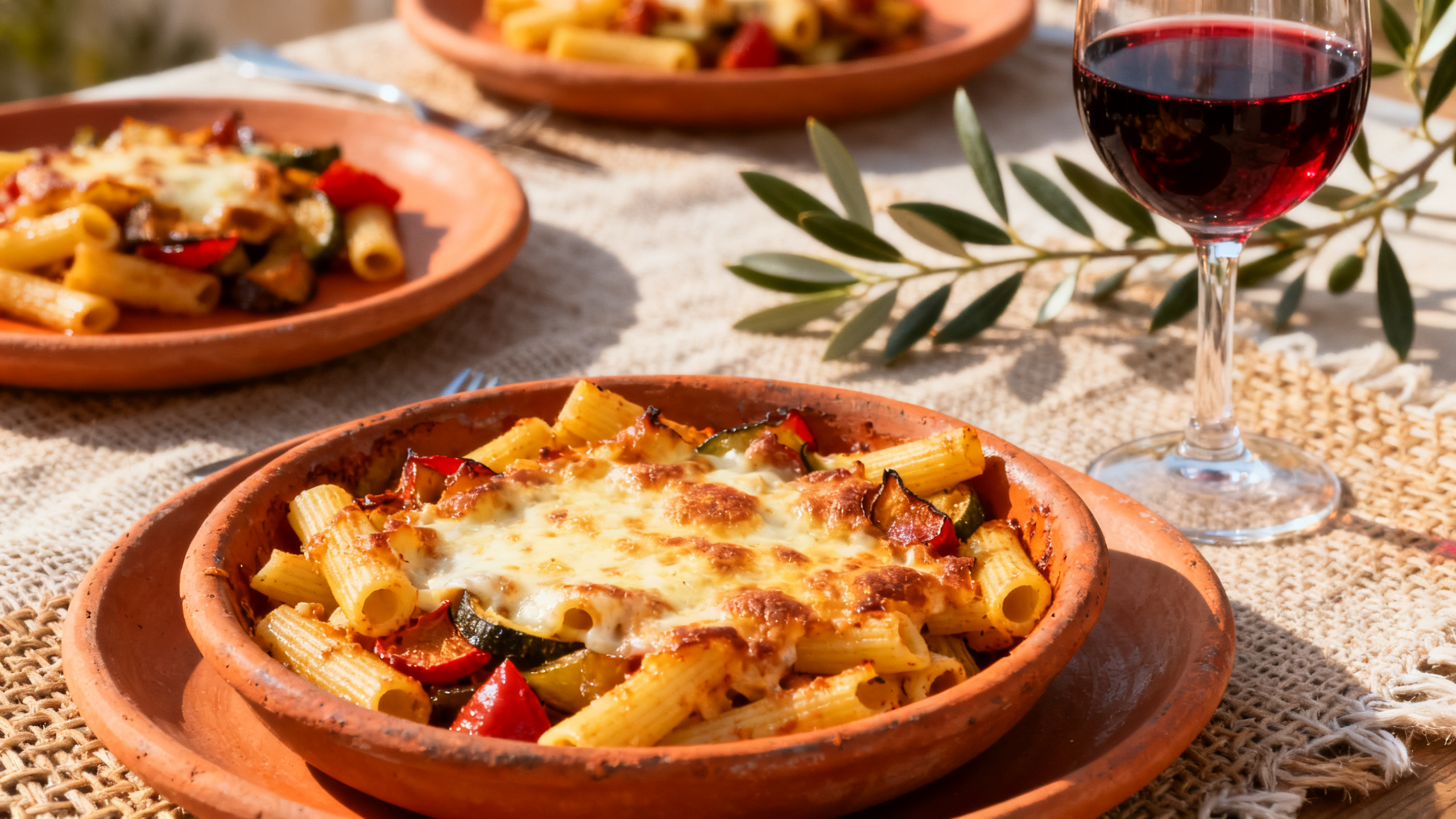 Table italienne traditionnelle des Pouilles avec pasta al forno et vin rouge