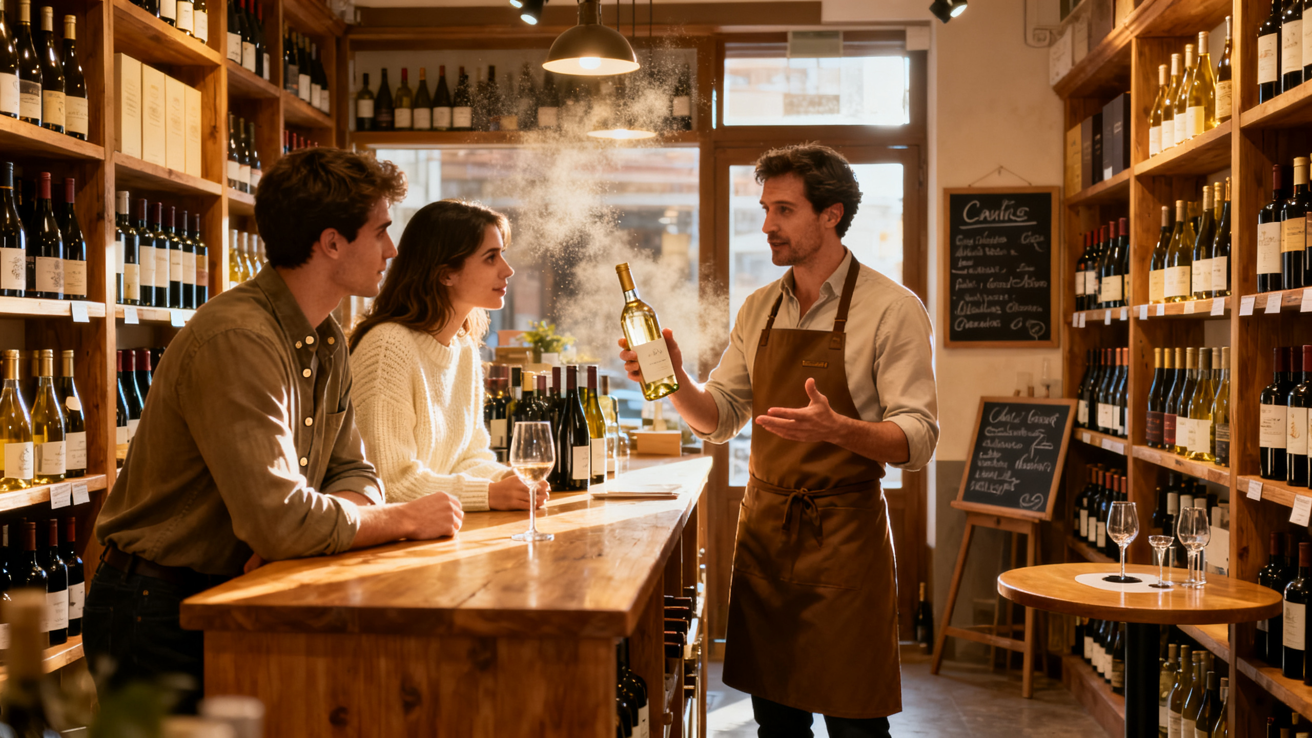 Caviste aidant un couple à choisir une bouteille de vin blanc dans une cave traditionnelle française