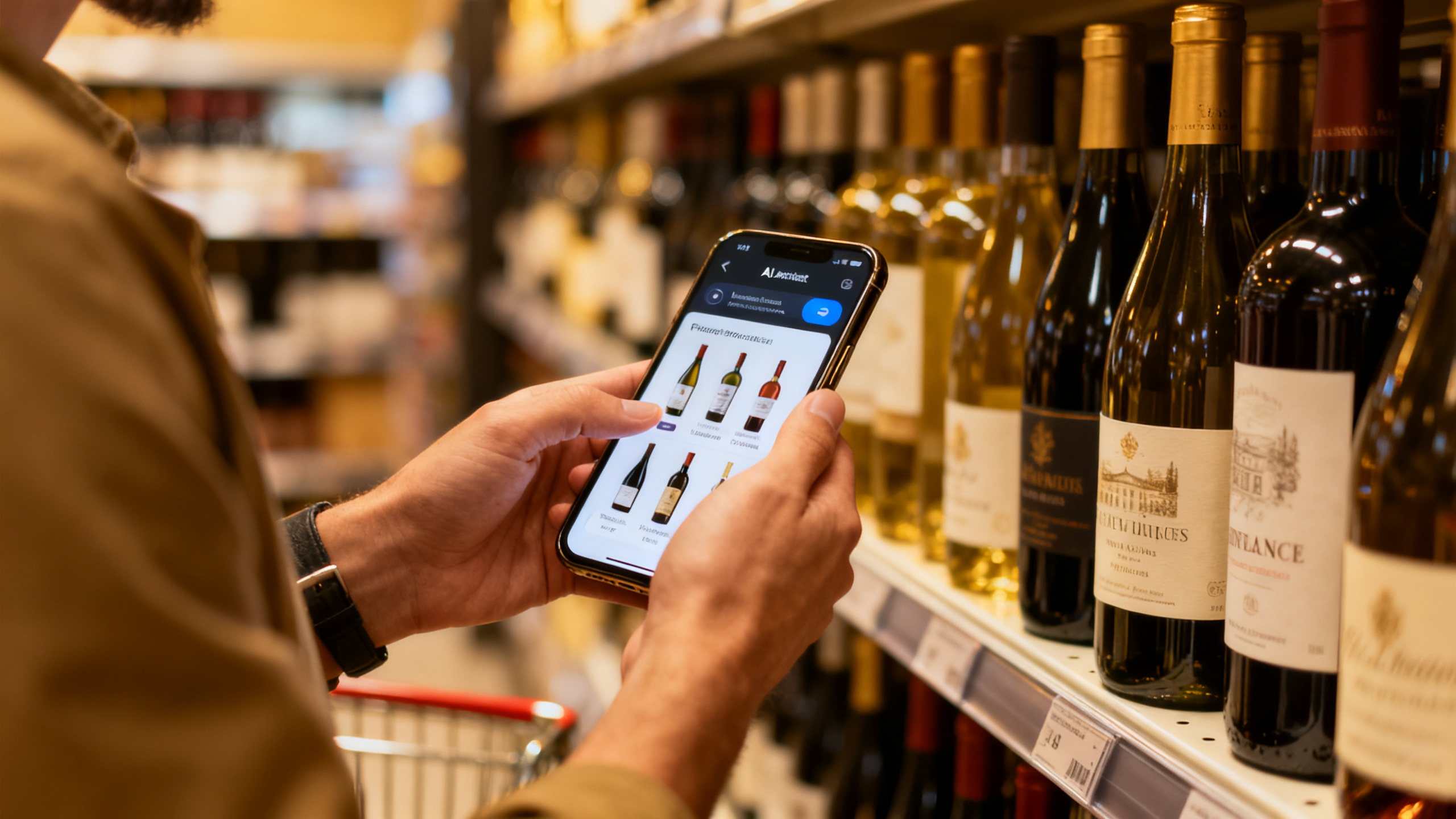 Personne utilisant un smartphone avec IA pour choisir un vin en supermarché