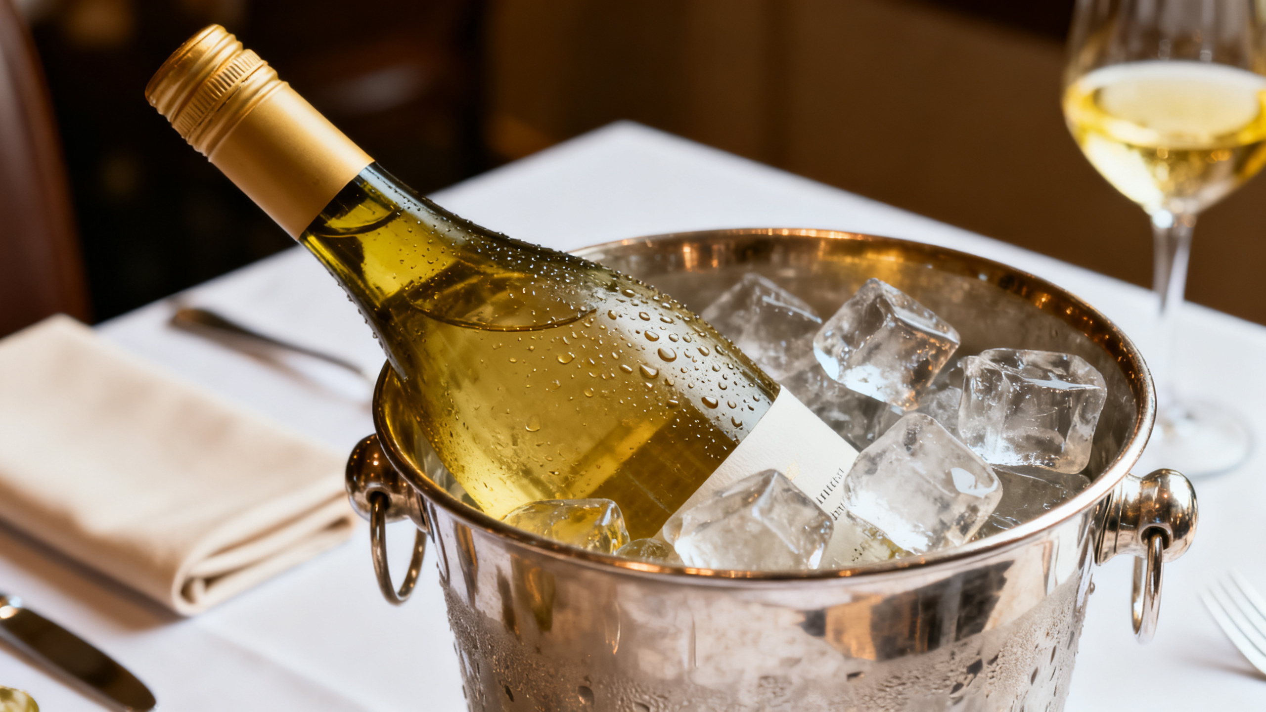 Bouteille de vin blanc dans un seau à glace pour atteindre la température de service idéale
