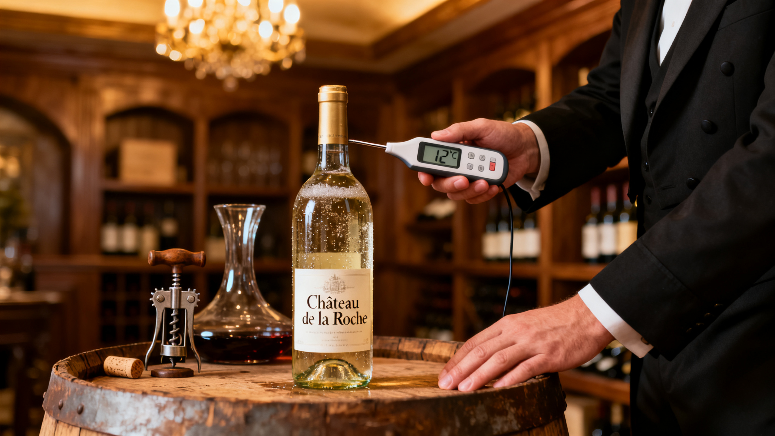 Sommelier vérifiant la température de service du vin avec thermomètre