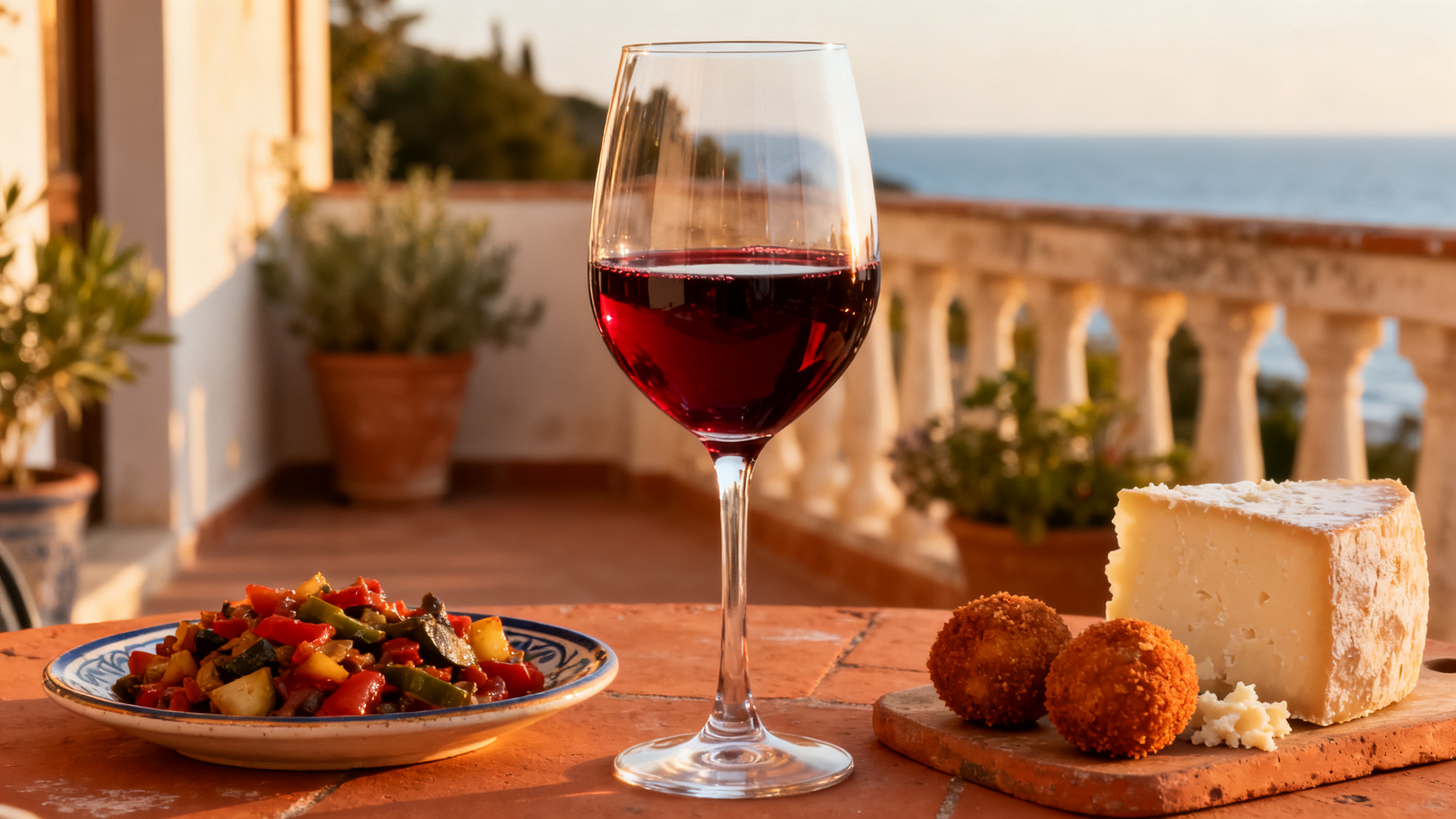 Verre de Nero d'Avola avec antipasti siciliens caponata et pecorino sur terrasse méditerranéenne