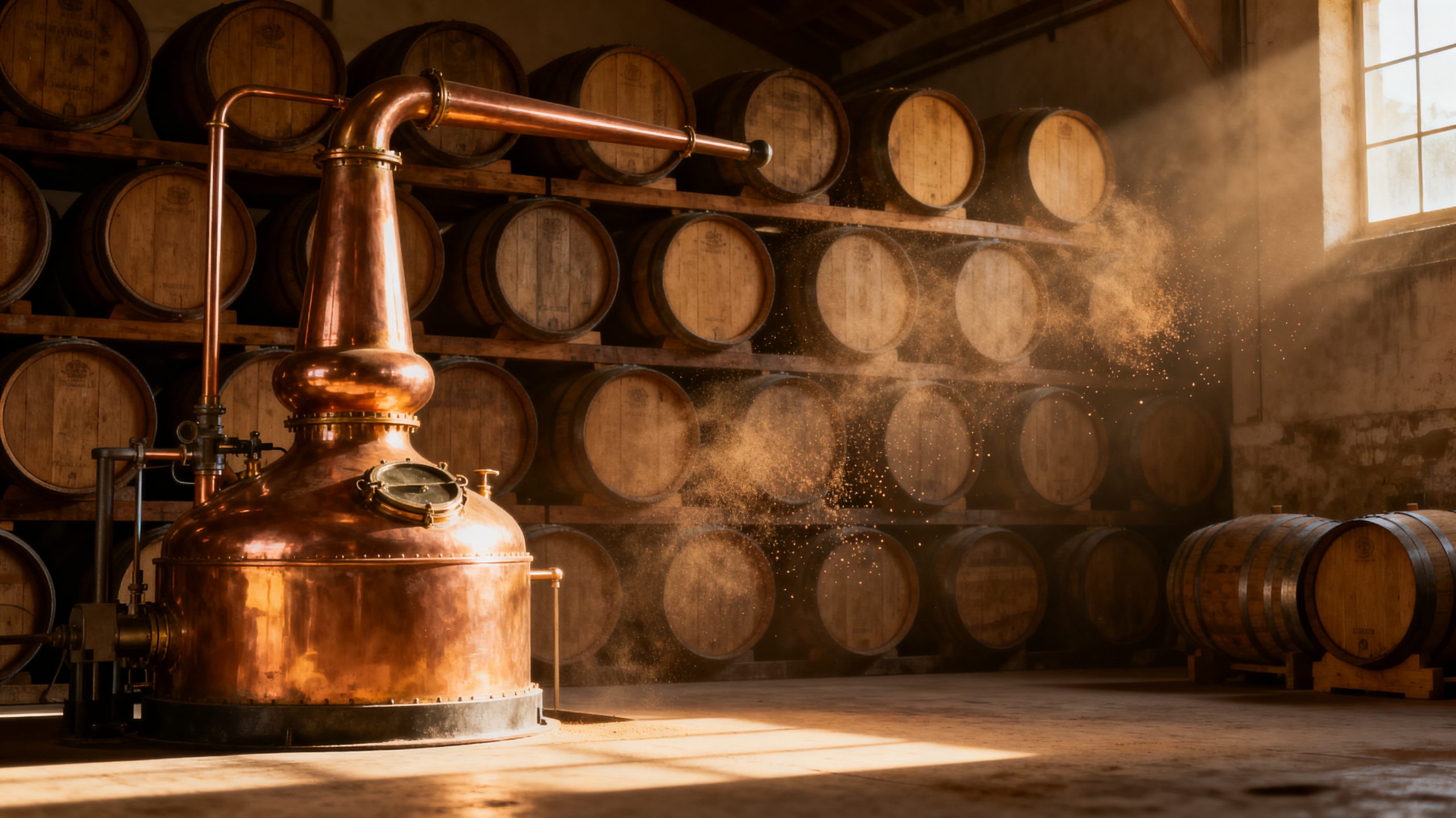 Un alambic charentais en cuivre dans un chai cognac, lumière dorée chaude, barriques de chêne en arrière-plan