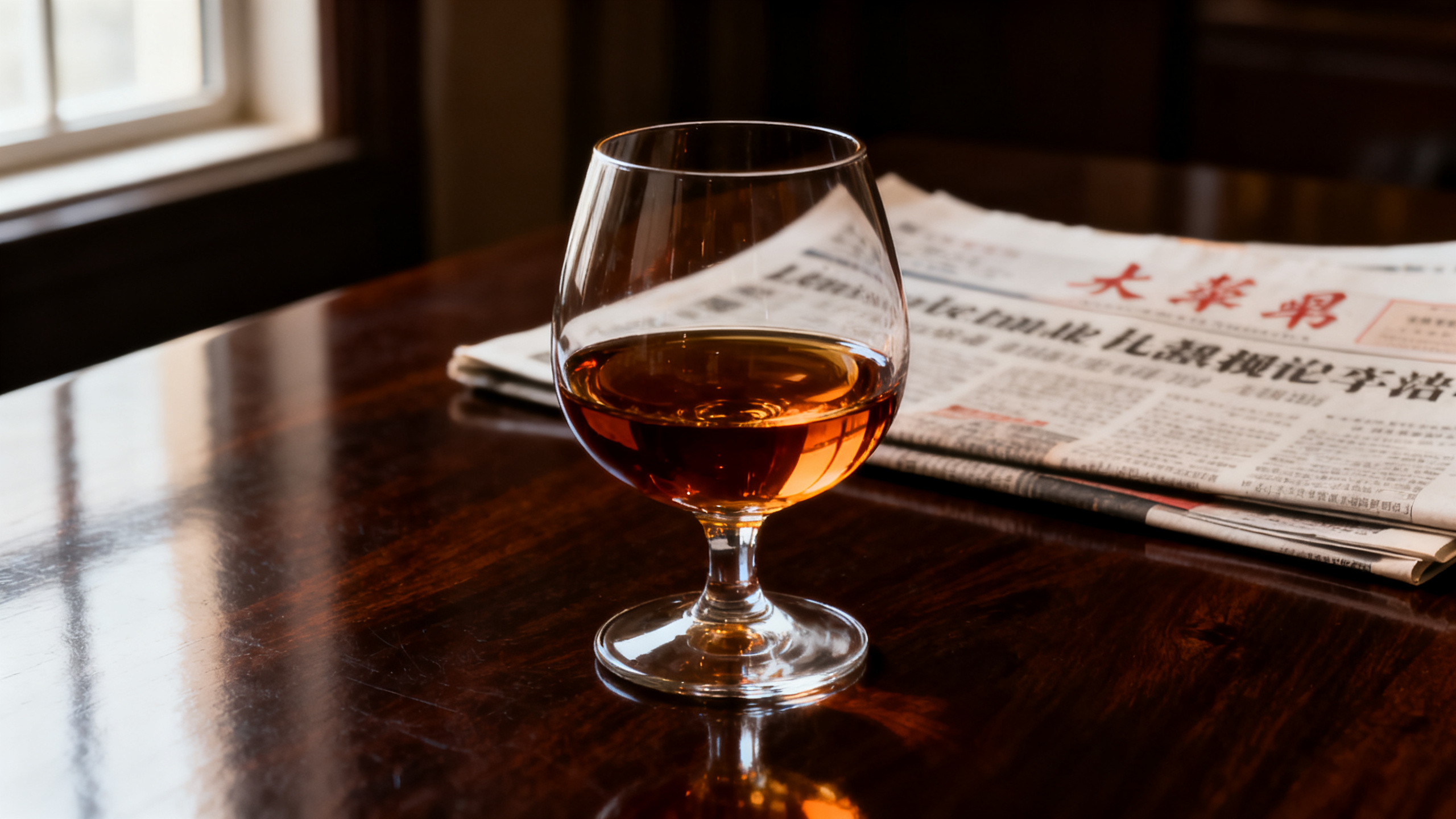 Un verre tulipe de cognac sur une table en bois sombre, journaux français et chinois flous en arrière-plan, ambiance éditoriale business