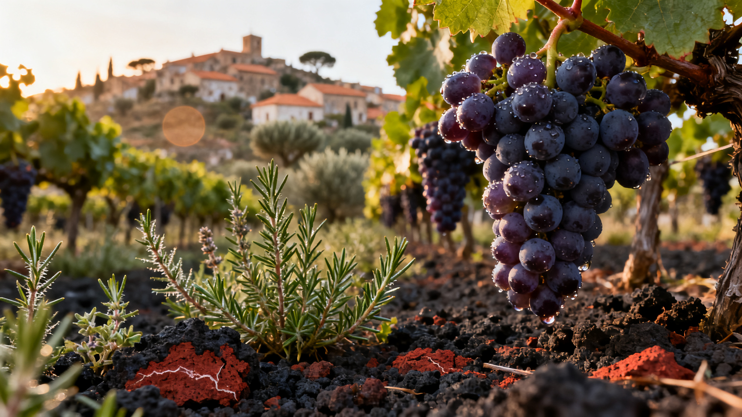 Grappes de Nero d'Avola mûres sur la vigne avec sol volcanique sicilien en lumière du matin