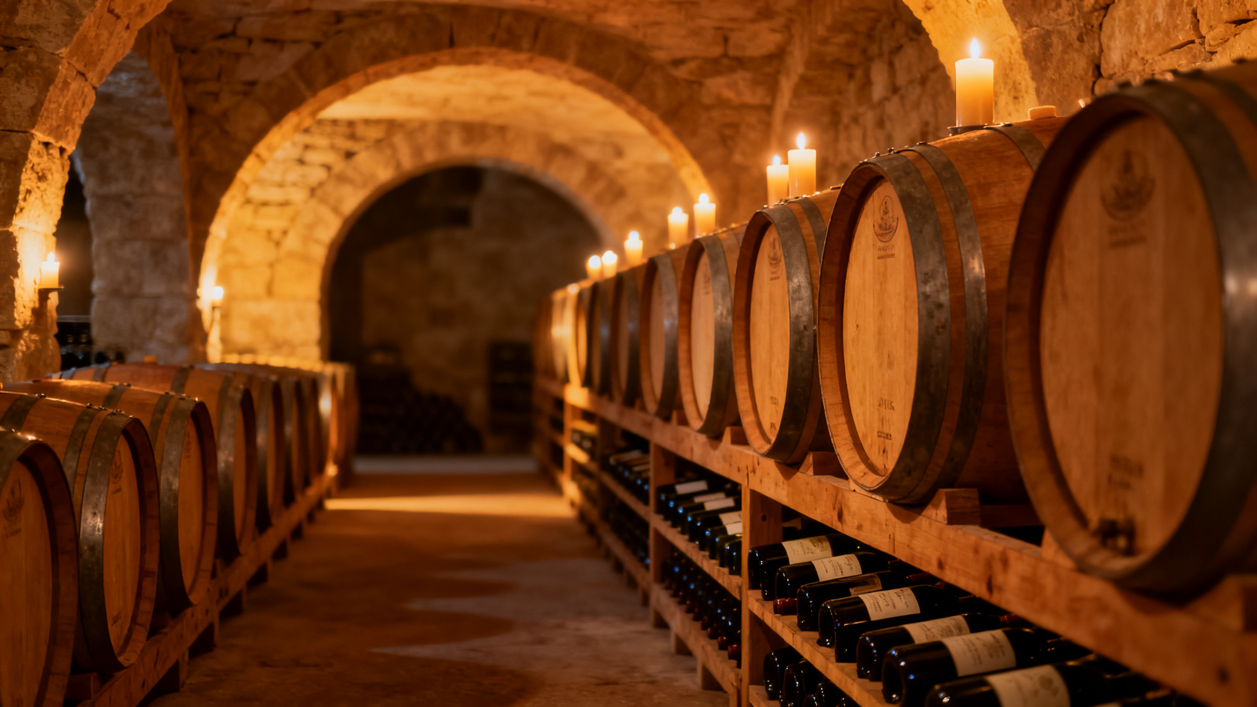 Cave à barriques d'un château bordelais, vieillissement en fûts de chêne