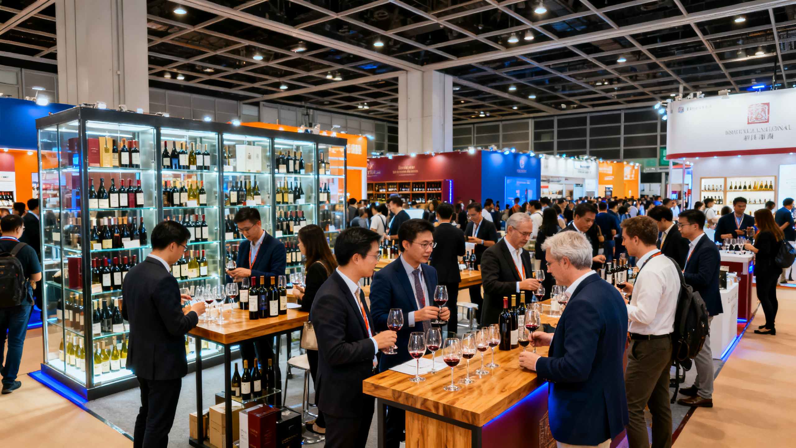 Hall d exposition du salon Vinexpo Asia à Hong Kong avec stands de vin internationaux