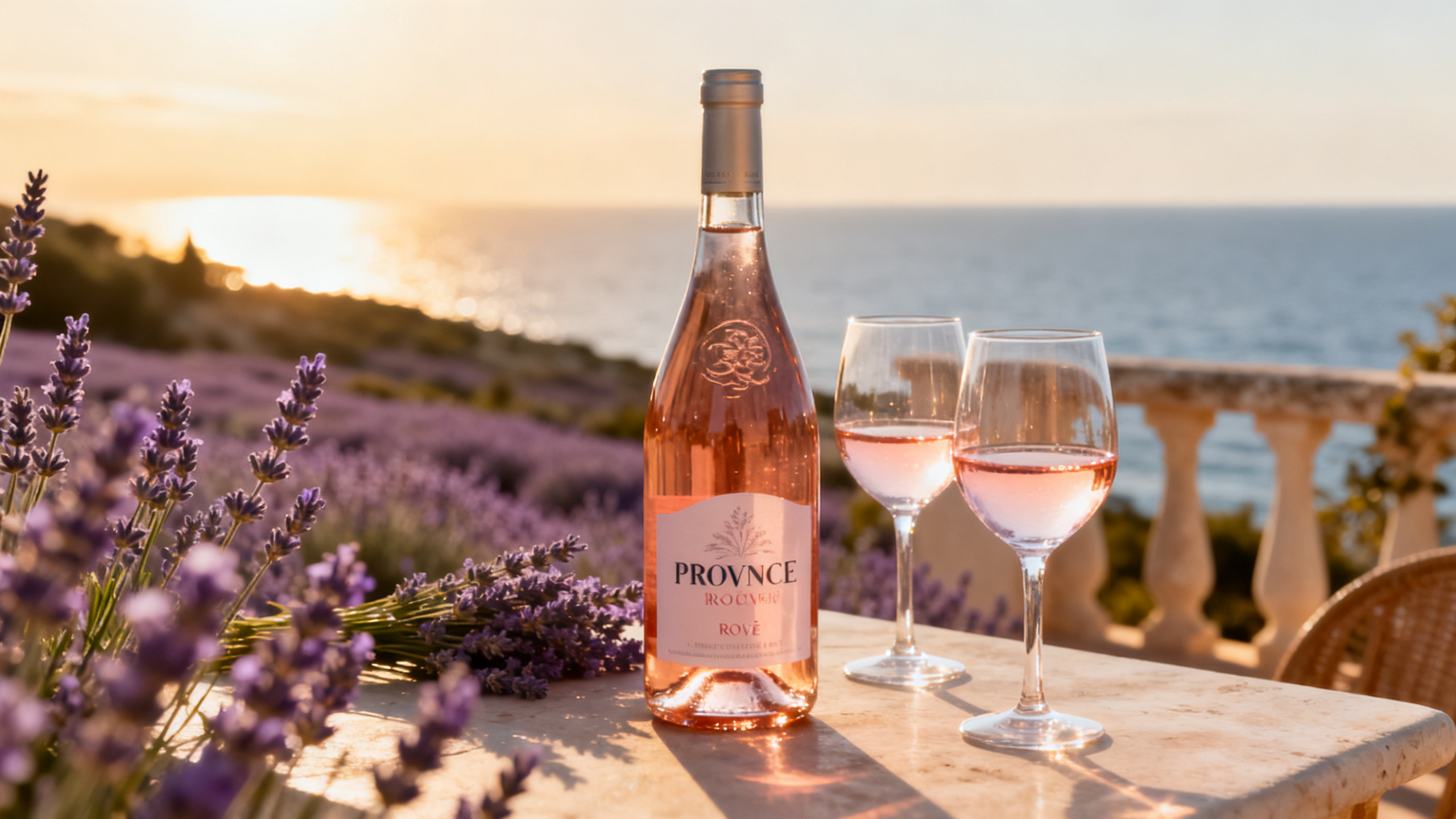 Bouteille de rosé Provence sur une terrasse méditerranéenne au coucher du soleil, saison rosé 2026