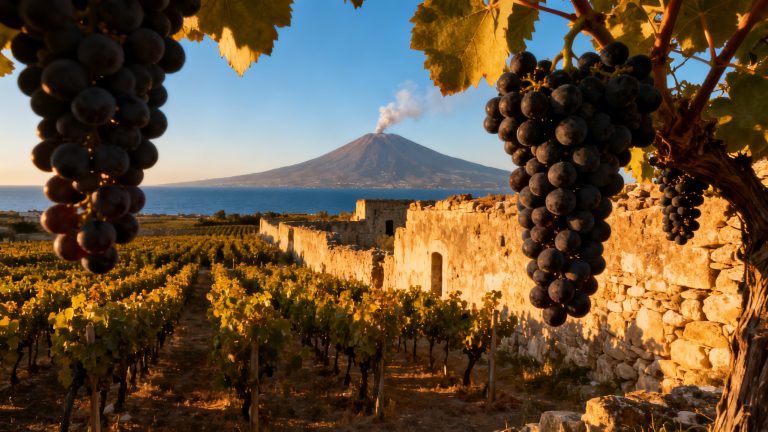 Vignoble de Nero d Avola en Sicile avec le Mont Etna en arriere-plan, lumiere doree