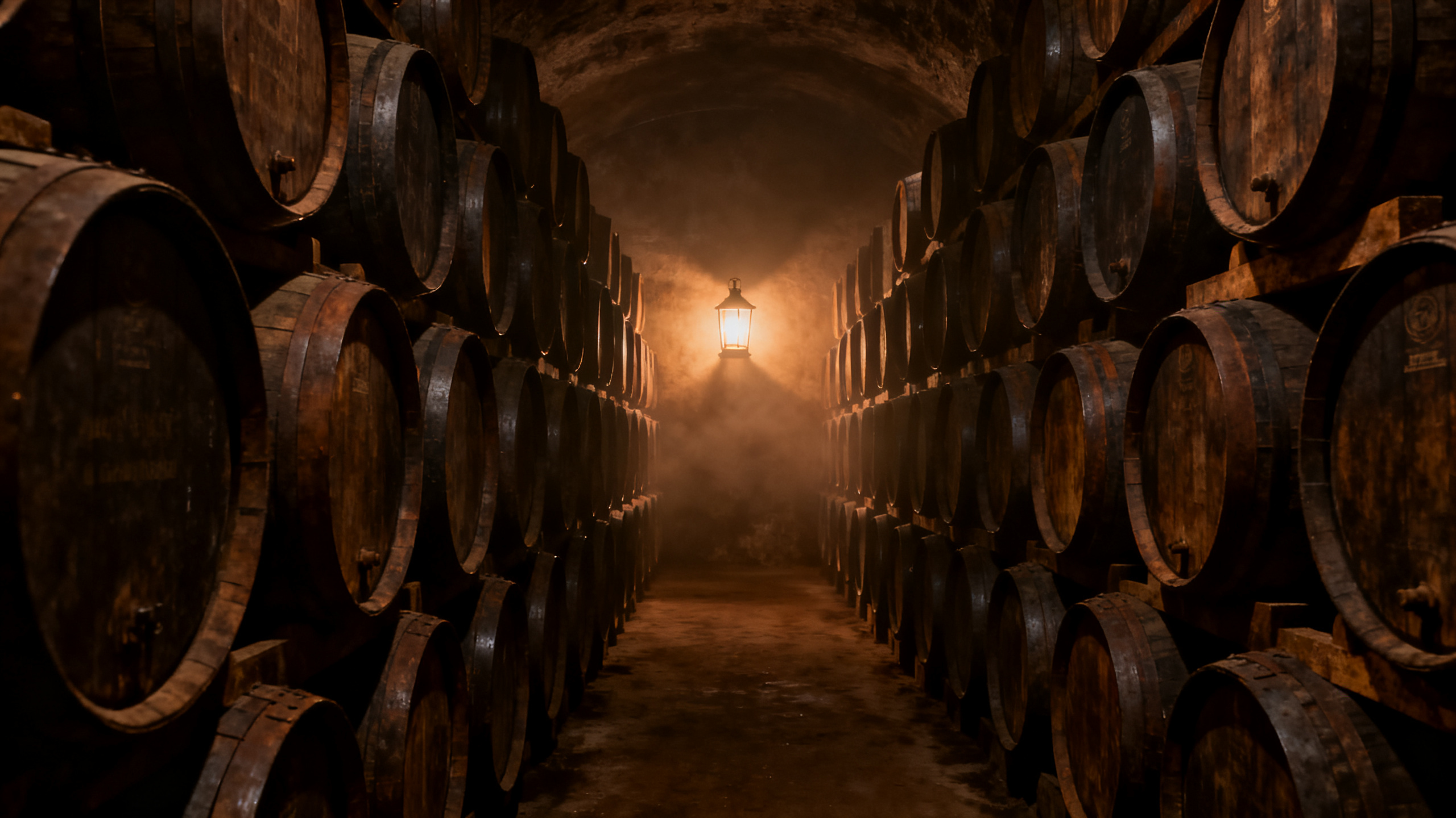 Vue en perspective d'une cave de vieillissement Cognac avec des centaines de barriques de chêne empilées, lanterne unique au fond, atmosphère brumeuse