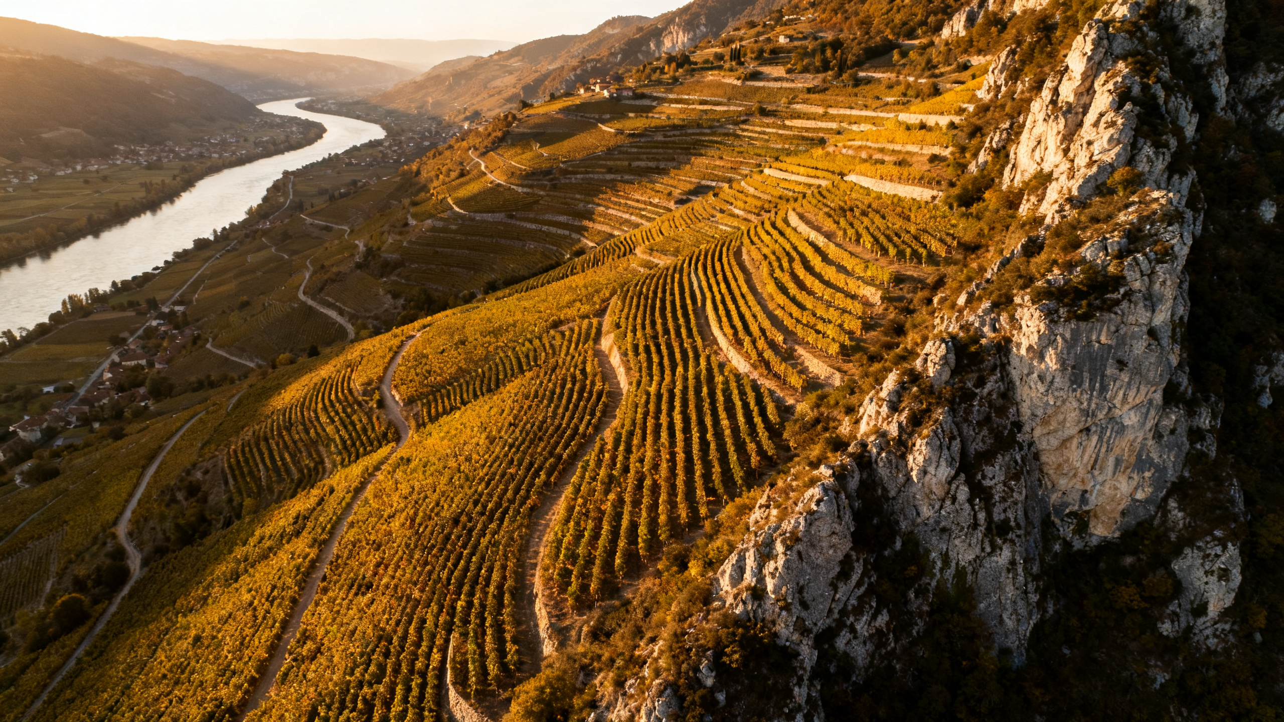 Vignoble Vallée du Rhône vues aériennes des terrasses de granit de Côte-Rôtie
