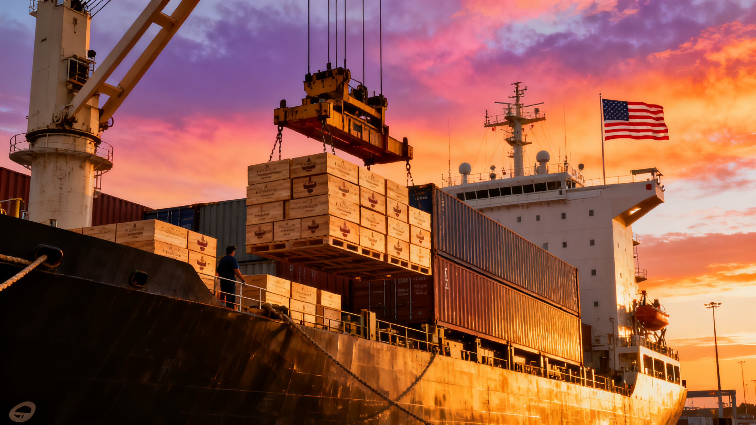 Conteneurs de vin sur un port commercial américain au coucher du soleil