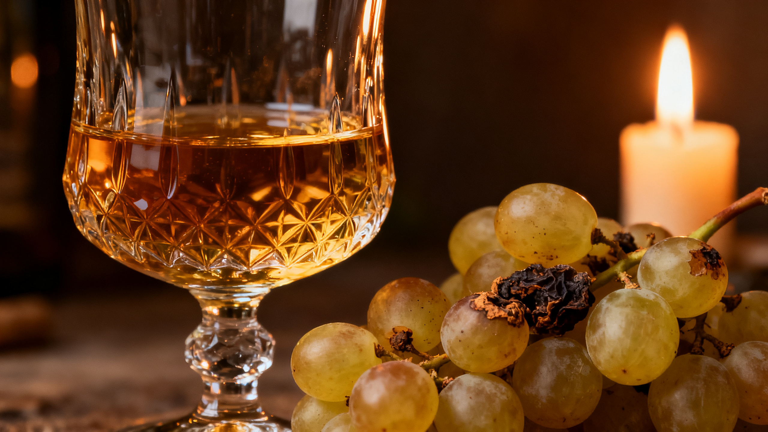 Tokaji Aszú vin liquoreux doré dans un verre élégant avec raisins botrytisés