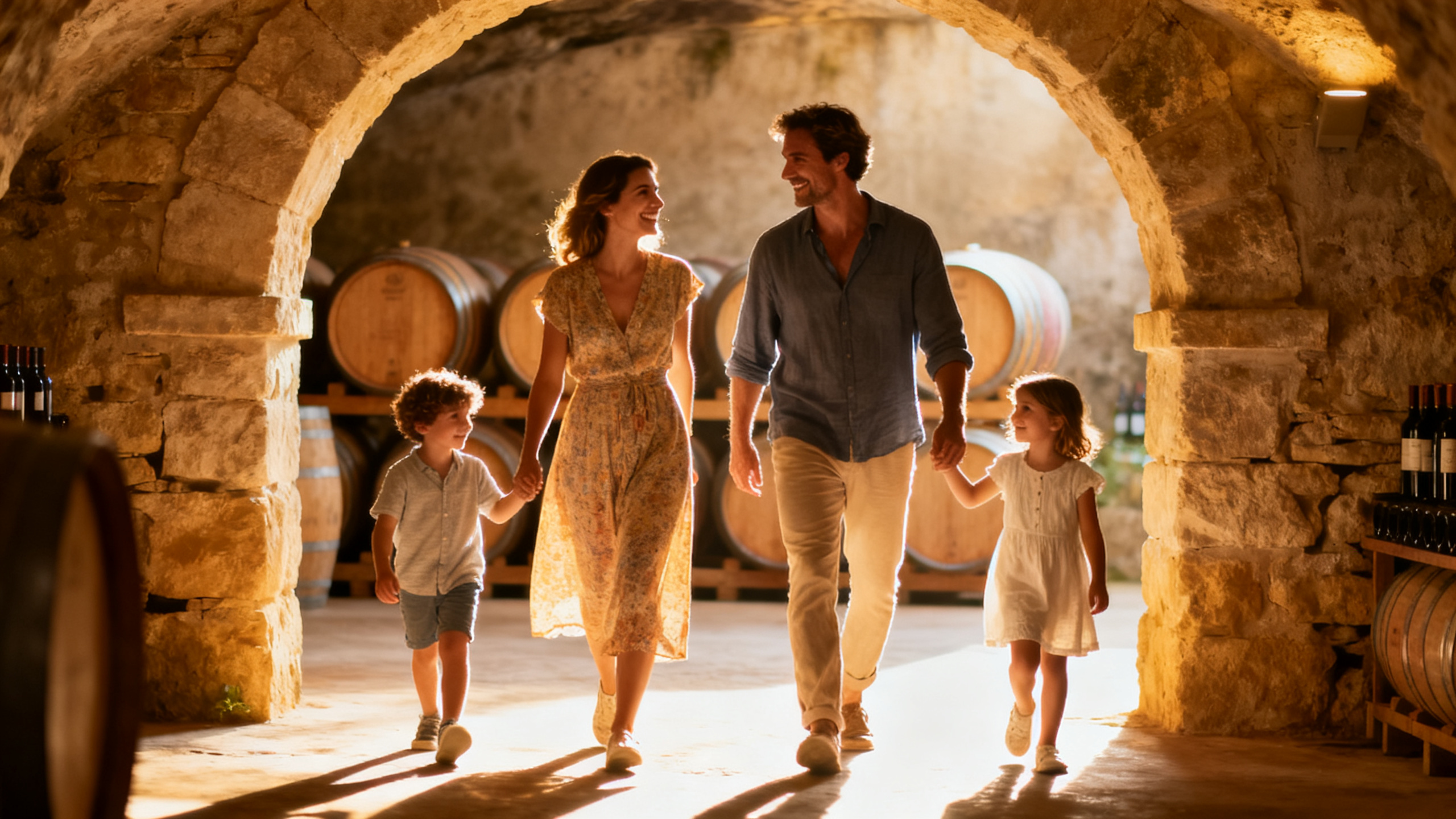 Famille en visite œnotouristique dans une cave voûtée avec barriques de chêne