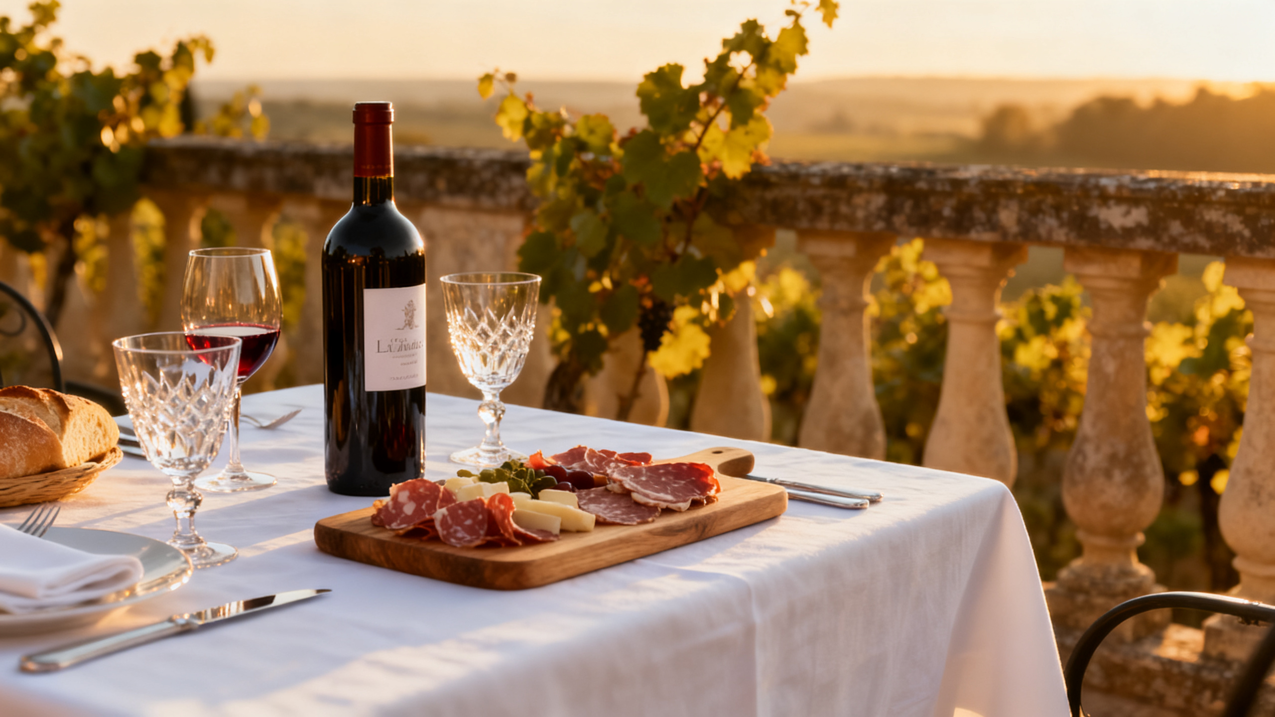 Table dressée pour un déjeuner œnotouristique sur la terrasse d'un château viticole français