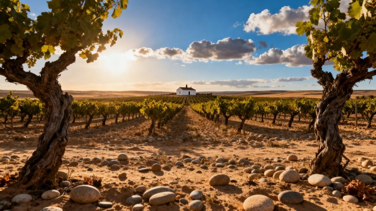Vieilles vignes de Verdejo à Rueda en Castille-et-León, sol sablonneux et galets sous le soleil de la meseta