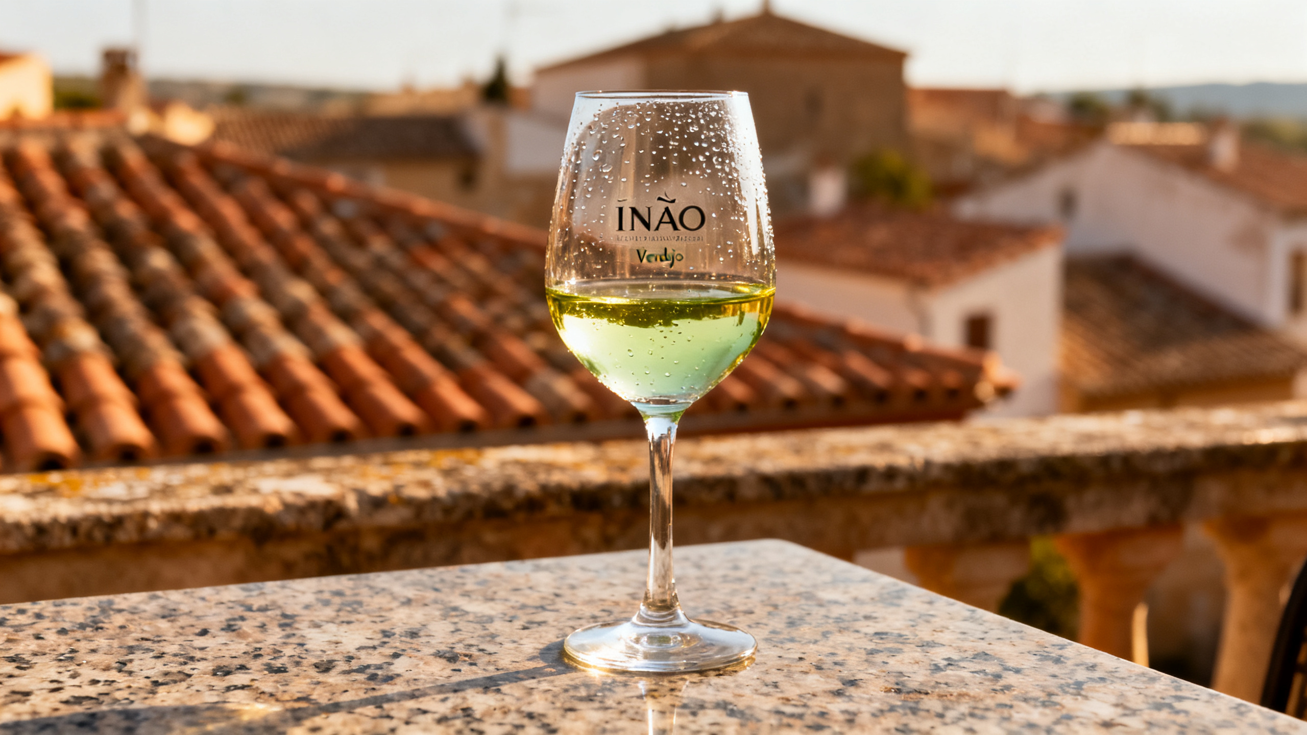 Verre INAO rempli de Verdejo de Rueda or vert pâle sur table en granit
