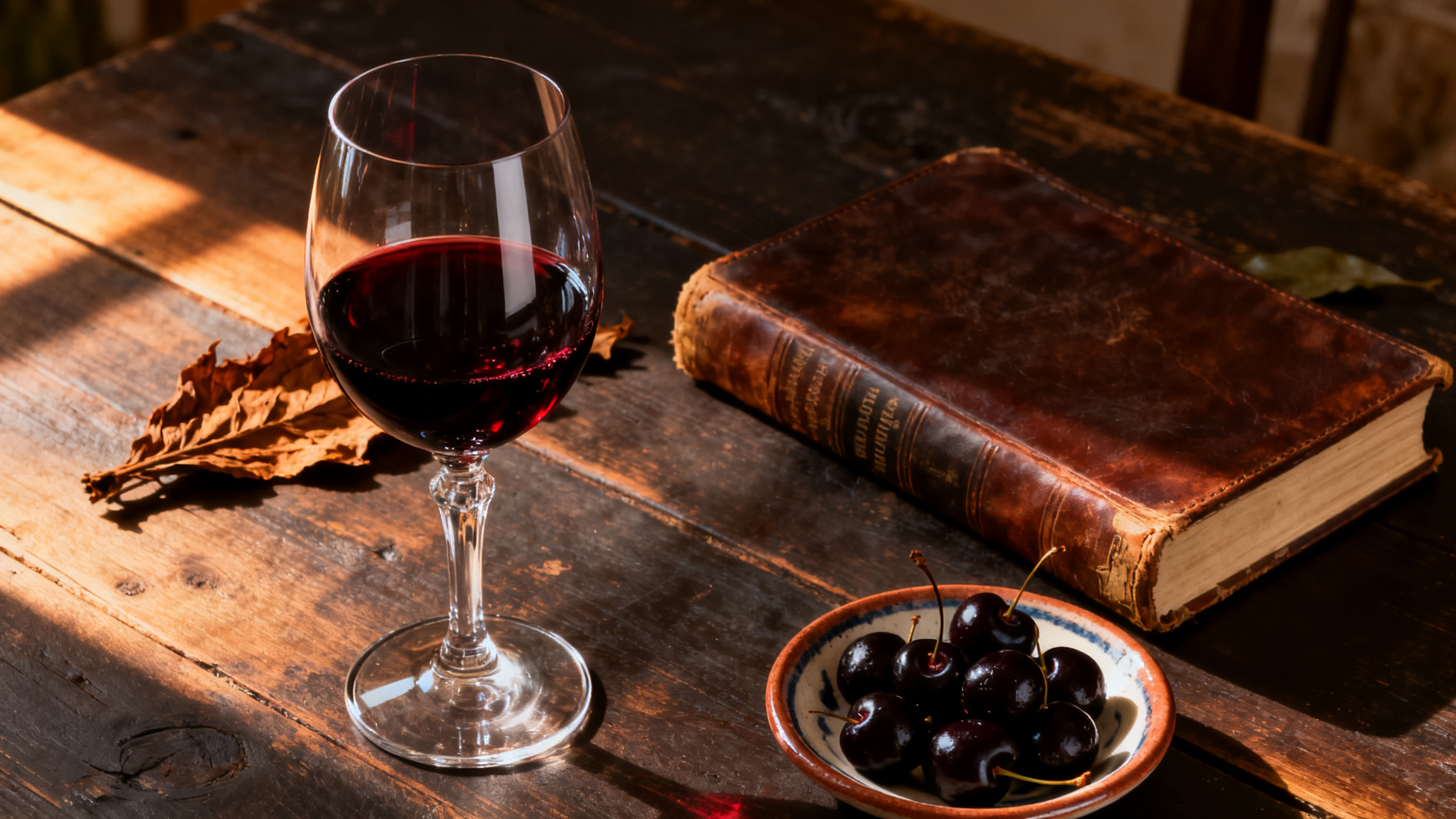 Verre de Taurasi Aglianico avec livre en cuir et tabac séché sur table en bois — Vinabox