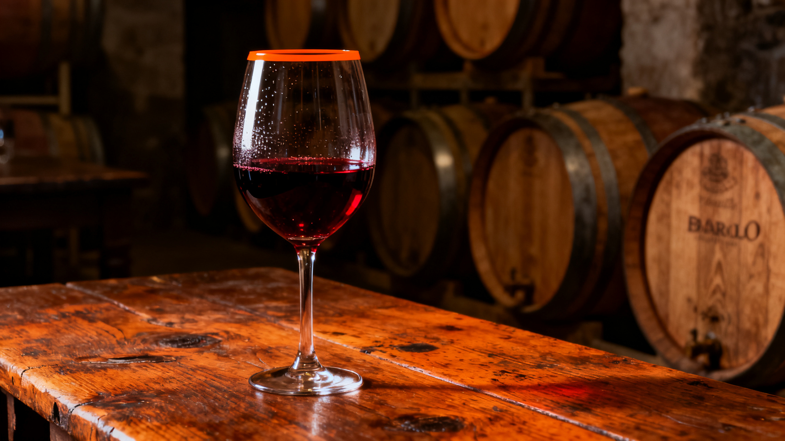 Verre de Barolo Piémont — couleur rubis profond avec reflets orangés
