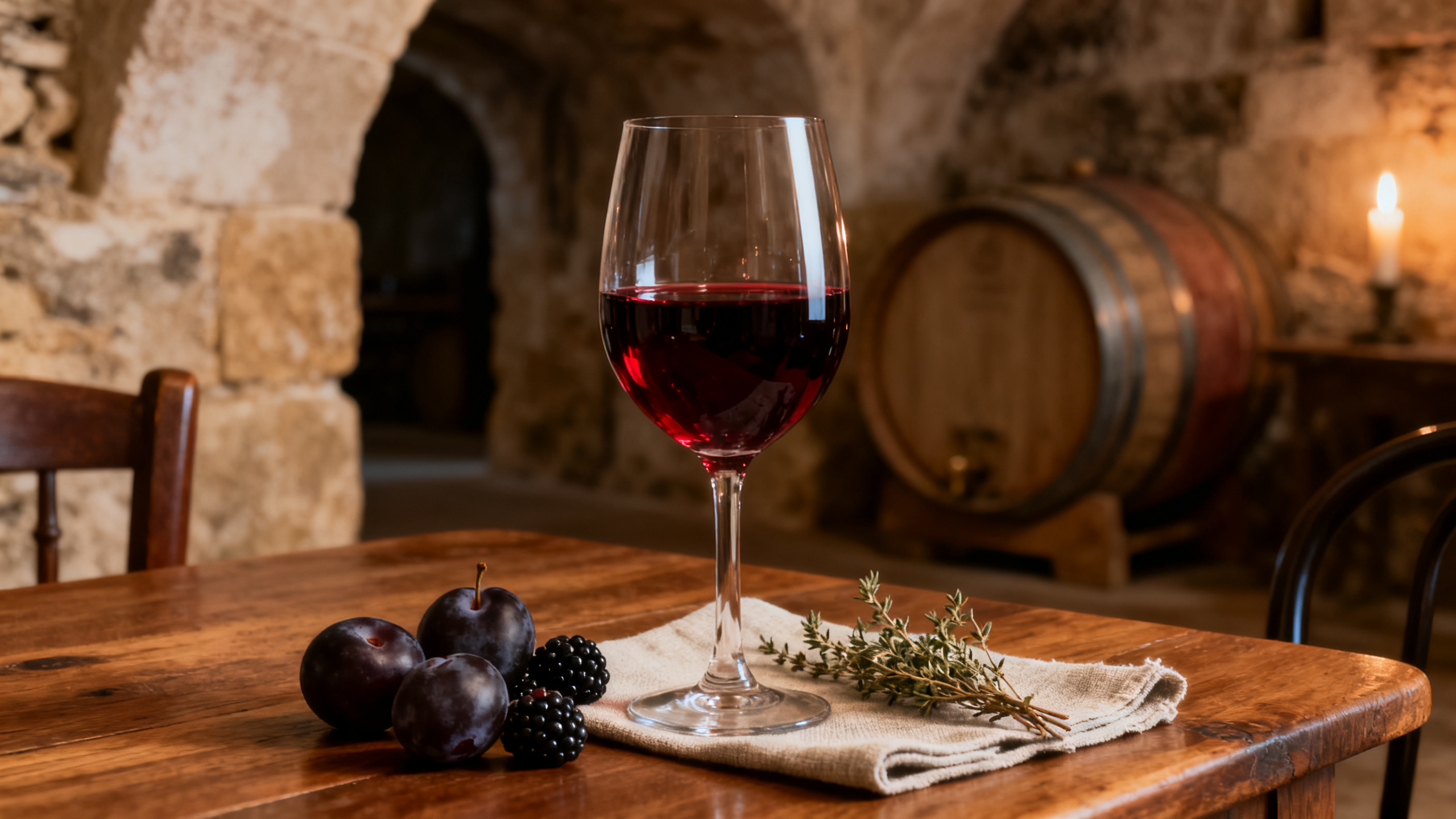 Verre de Merlot Bordeaux rive droite dans une cave à vin avec murs en pierre