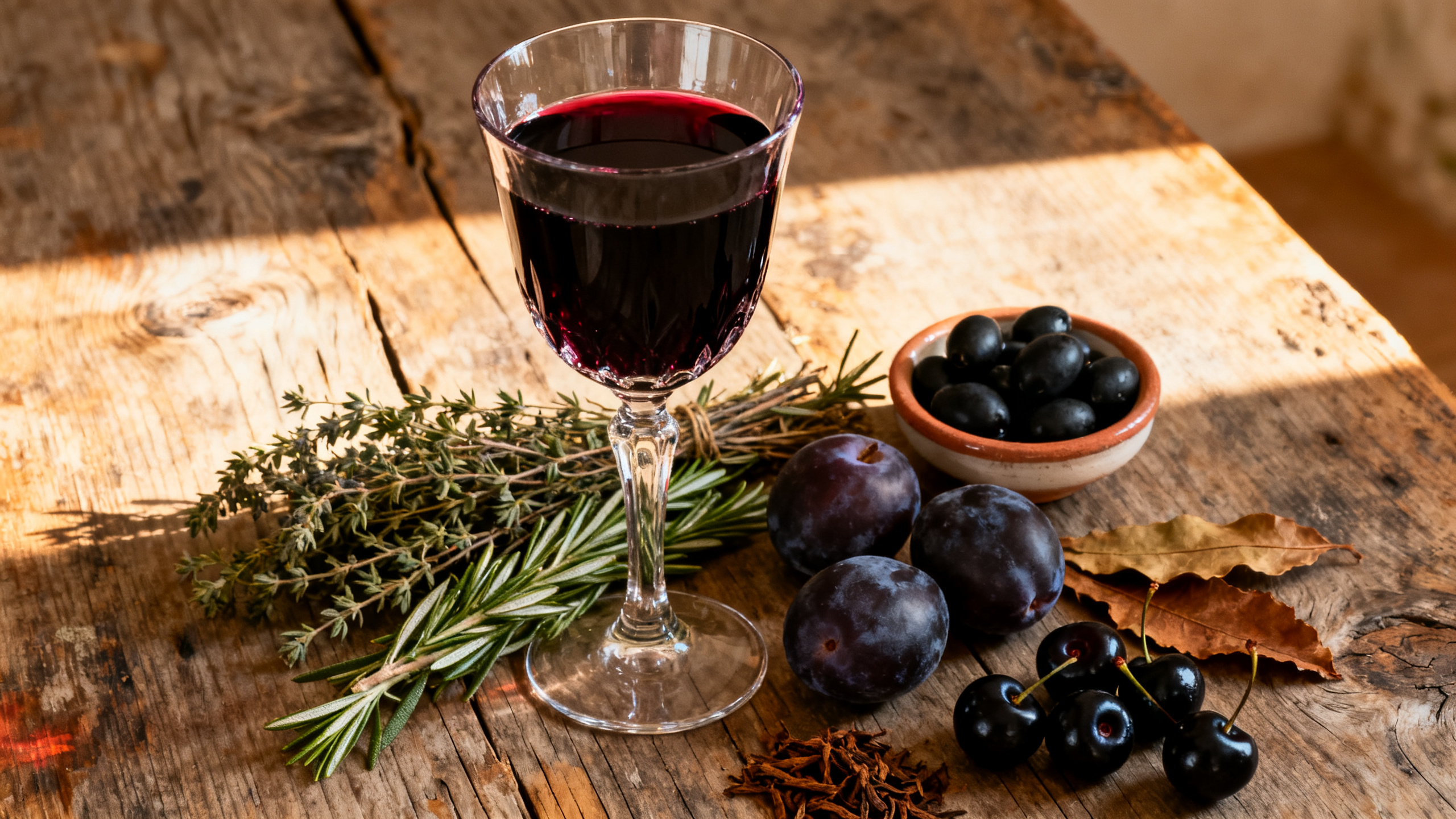 Verre de Negroamaro avec herbes méditerranéennes et fruits noirs