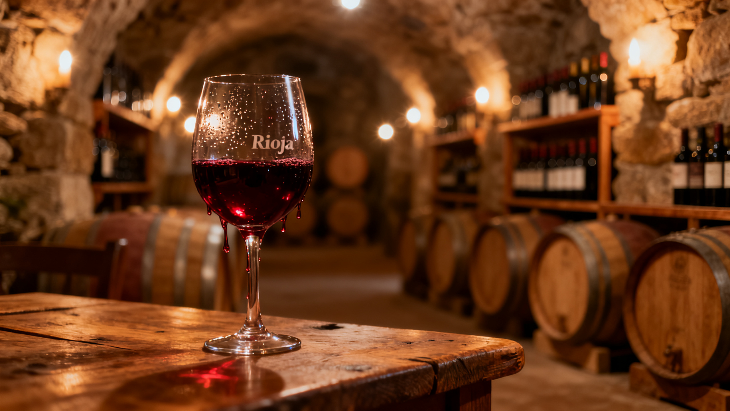 Verre de Rioja Reserva, cave avec barriques de chêne