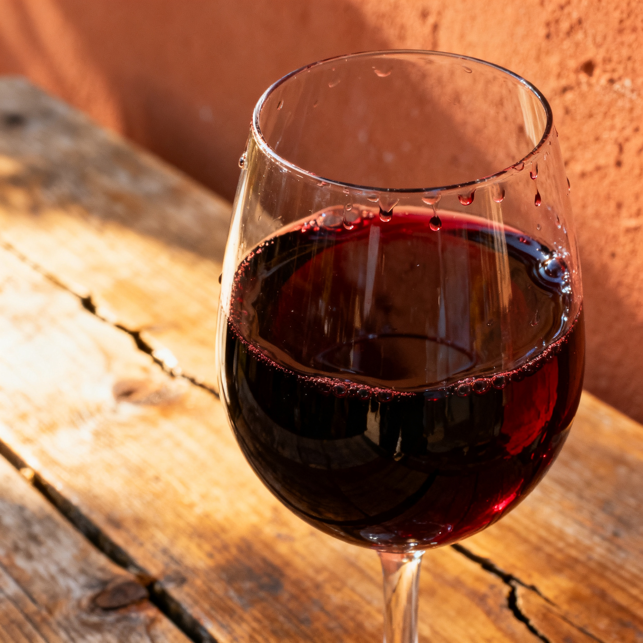 Verre de Montepulciano d'Abruzzo rouge profond presque noir sur table en bois rustique