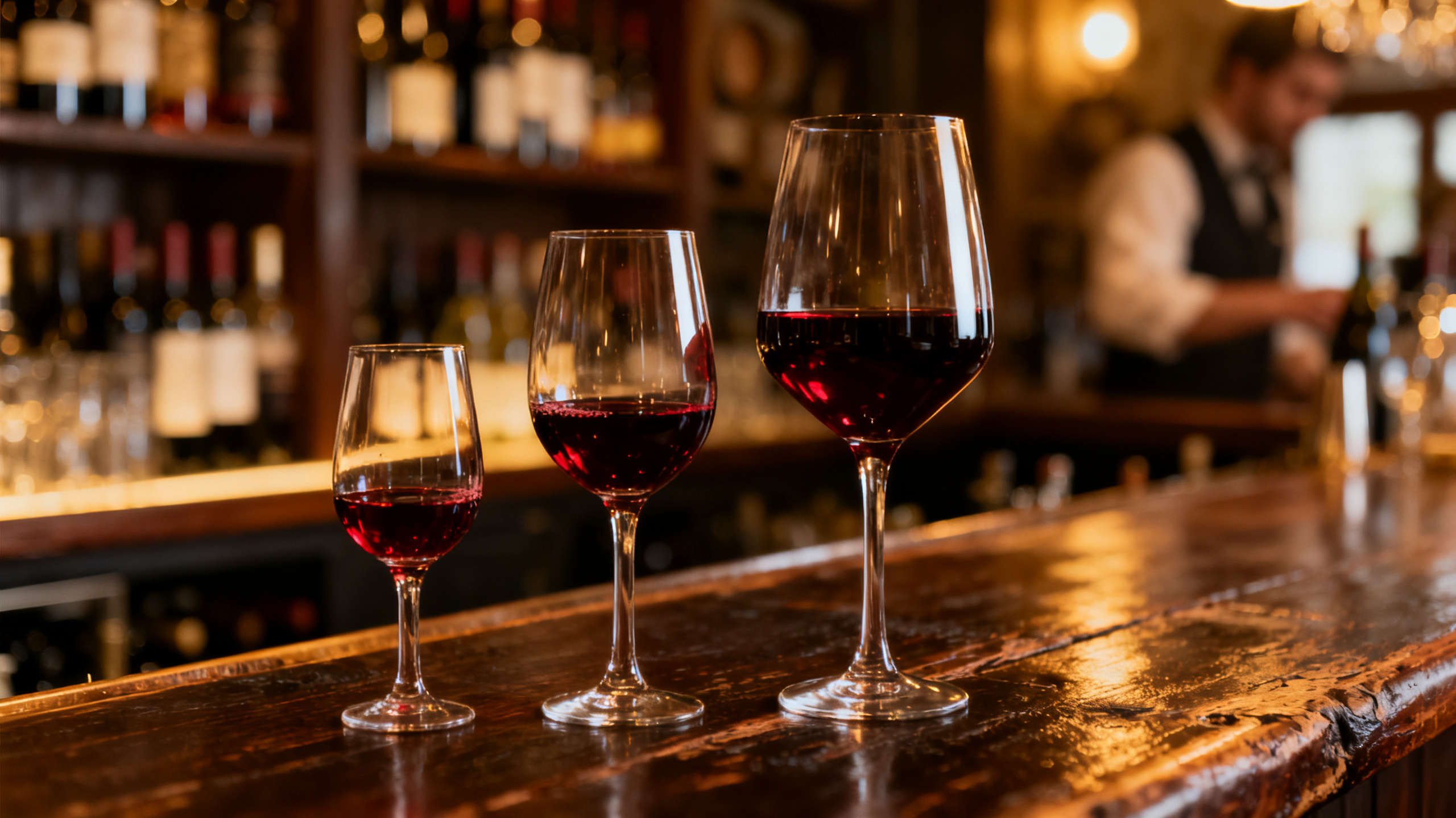 Trois verres de vin rouge servis à différentes hauteurs : dégustation 8 cl, restaurant 12 cl, maison 18 cl