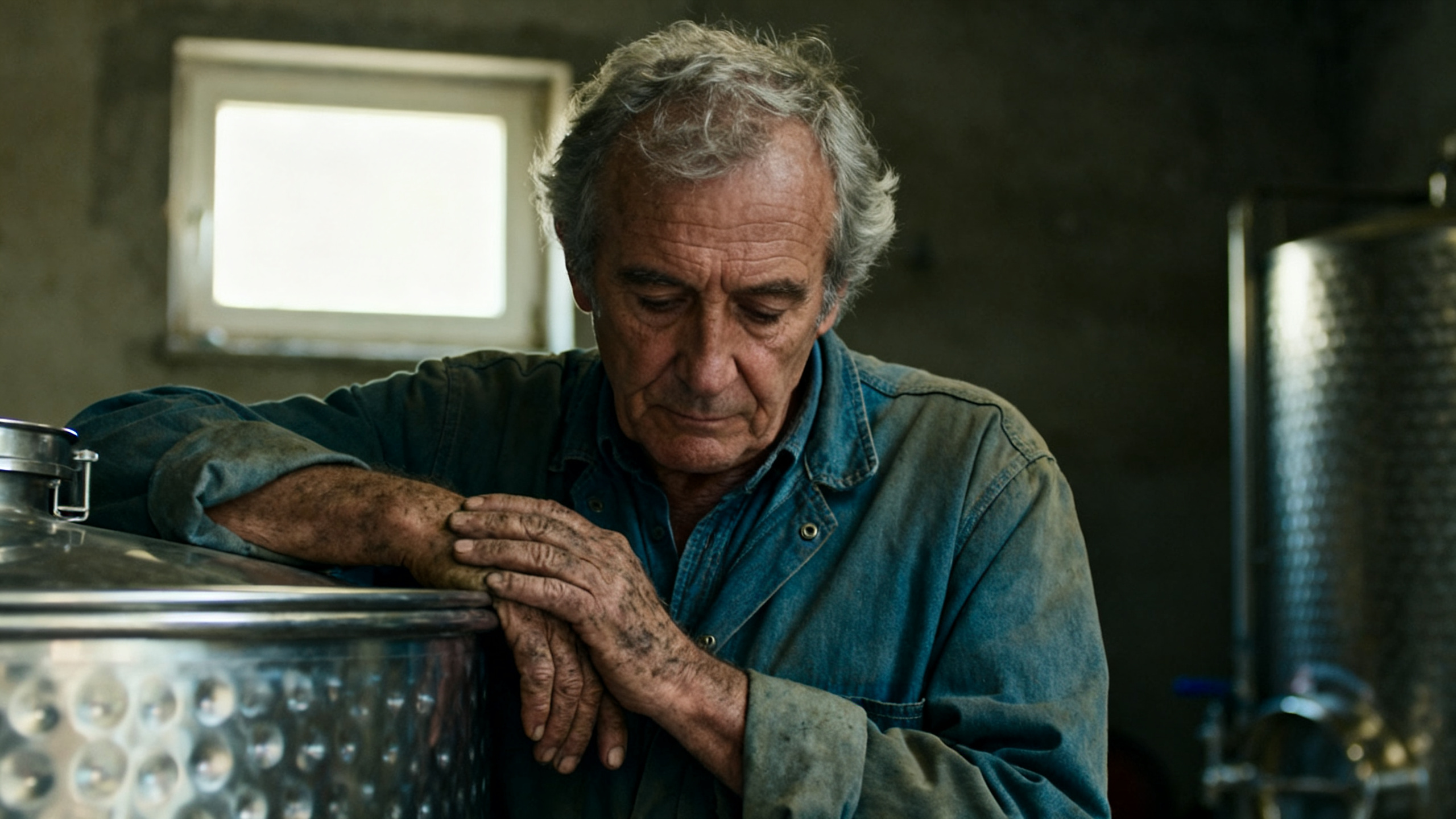 Vigneron français d une soixantaine d années pensif devant ses cuves de vinification, lumière naturelle d atelier