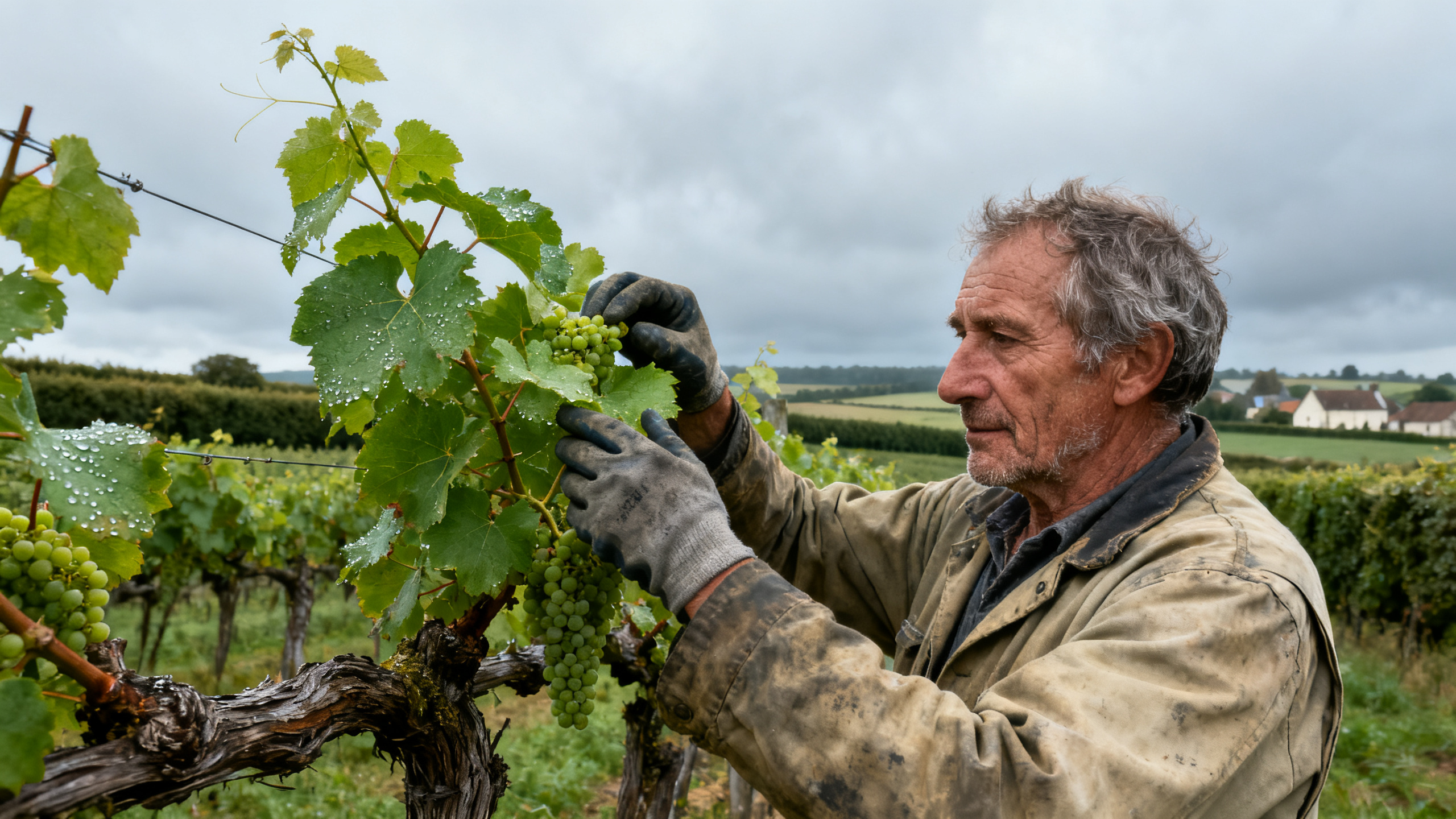 Vigneron inspectant ses vignes dans le bocage normand, Normandie, filière viticole en pleine renaissance