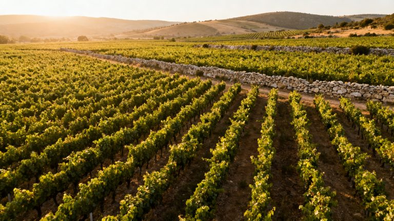 Vignoble méditerranéen au printemps en IGP Pays d'Oc, vue aérienne sur les rangs de vigne, terroir des cépages Grenache et Cinsault