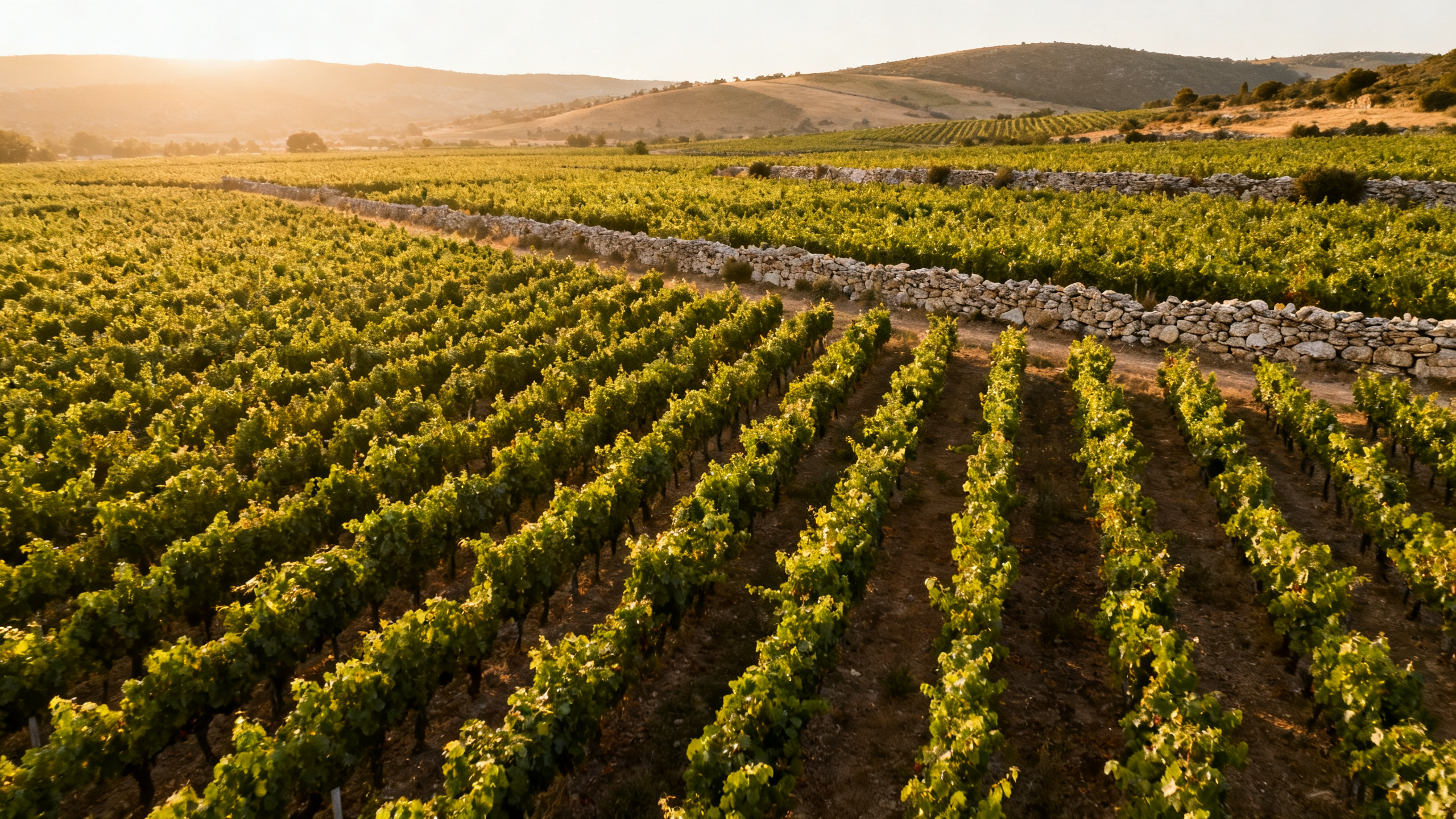 Vignoble méditerranéen au printemps en IGP Pays d'Oc, vue aérienne sur les rangs de vigne, terroir des cépages Grenache et Cinsault