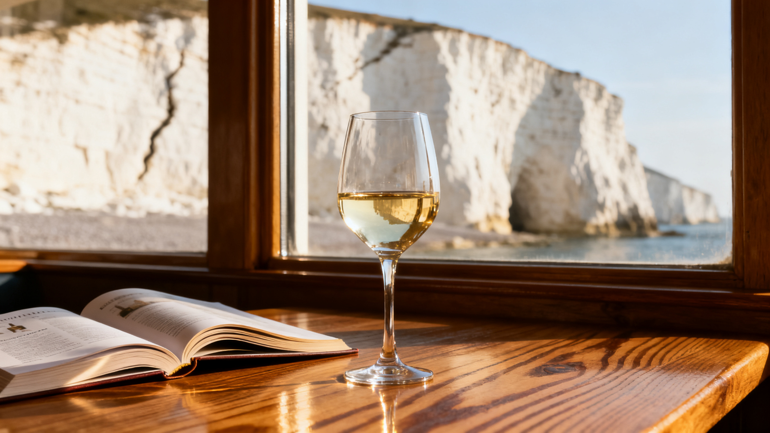 Verre de vin blanc anglais avec falaises crayeuses en arrière-plan