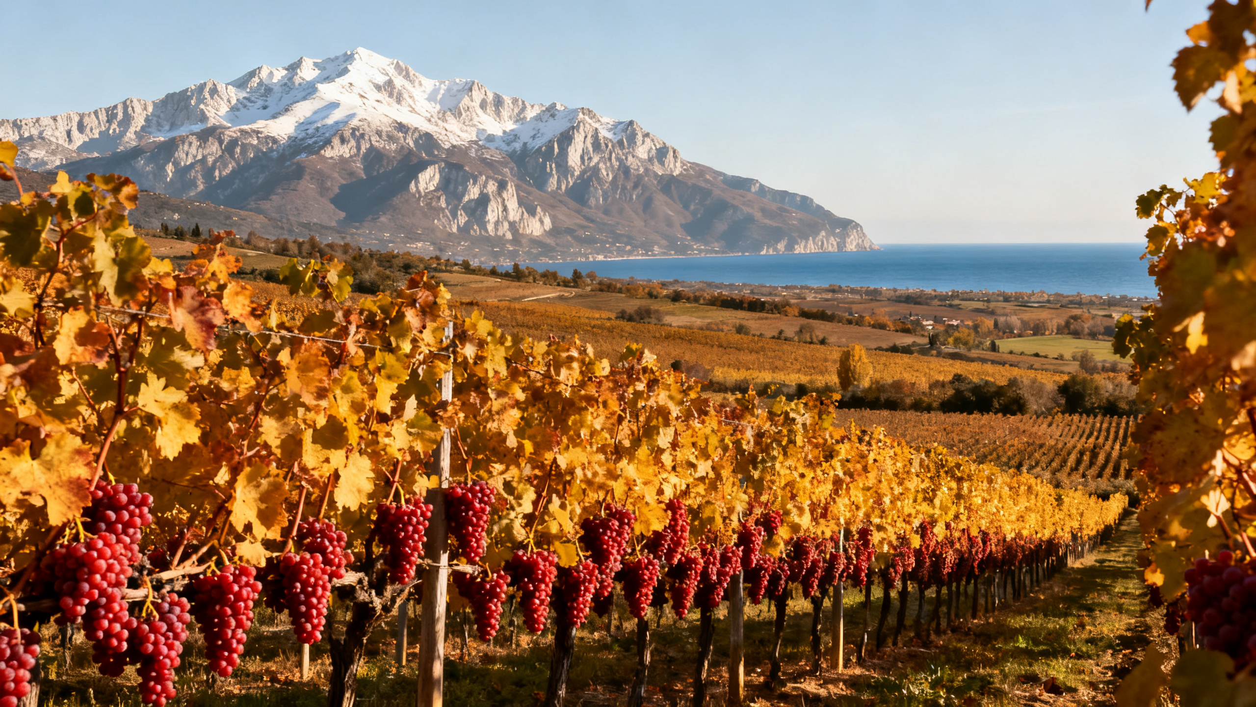 Vignobles des Abruzzes avec le Gran Sasso en arrière-plan, paysage viticole d Italie centrale