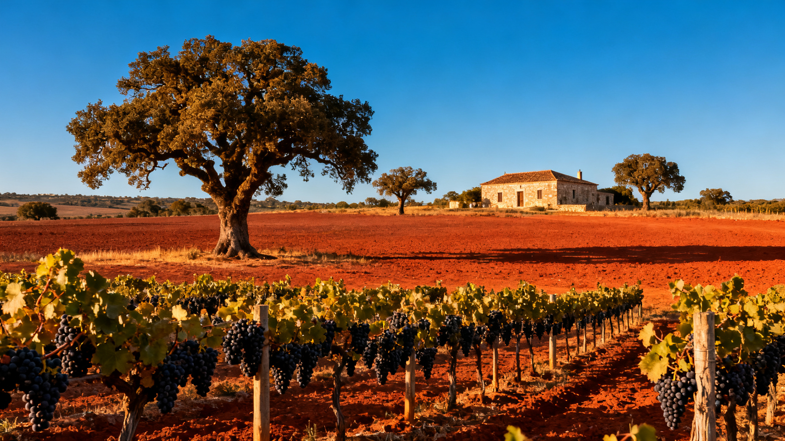 Vignoble Alentejo Portugal, sol rouge ocre, chênes-lièges et quinta en pierre au coucher de soleil