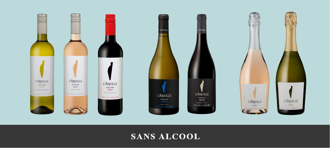 Gamme de vins sans alcool du Domaine de l'Arjolle - cuvées Équilibre blanc, rosé, rouge et mousseux Zero, IGP Côtes de Thongue