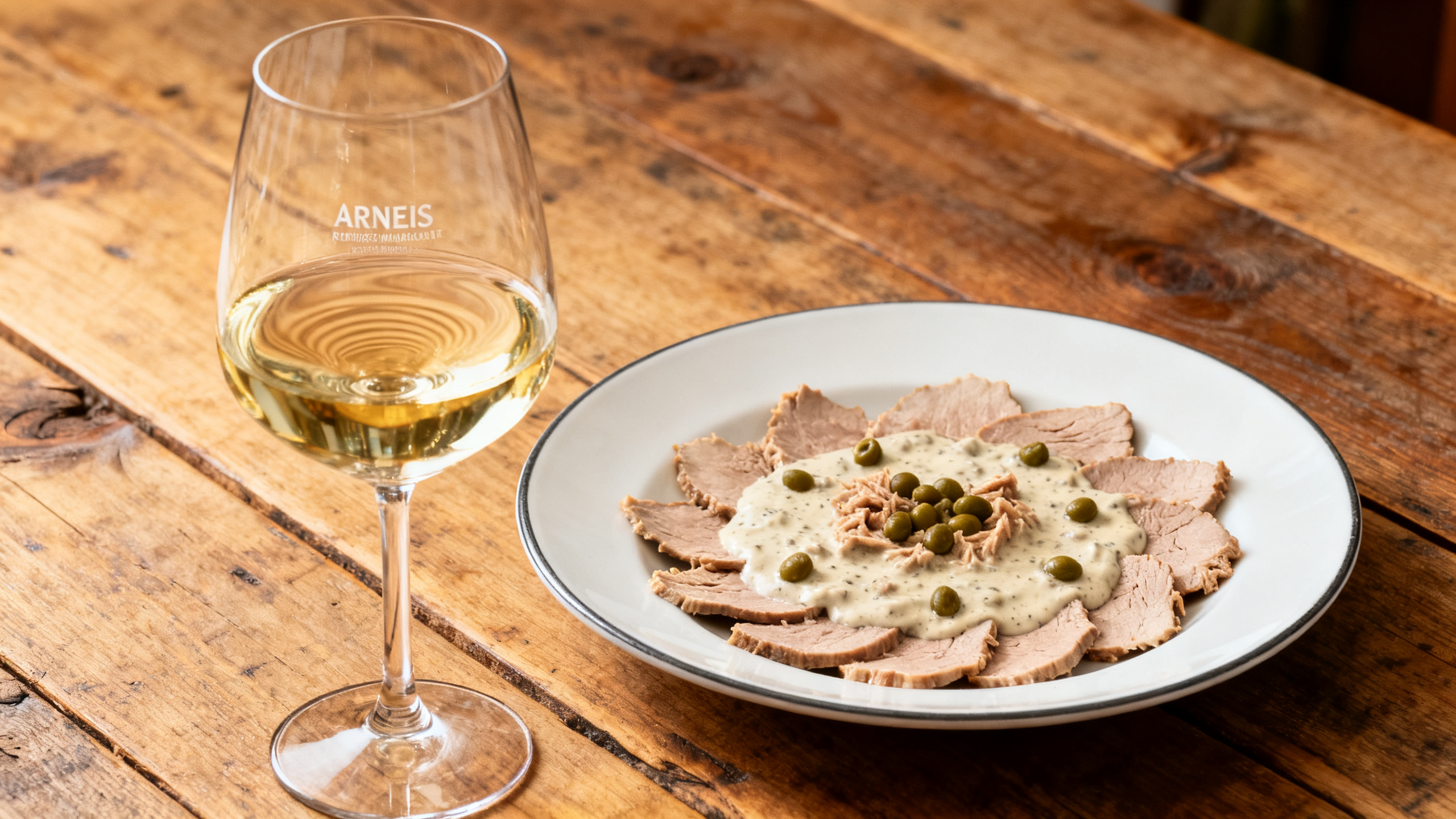 Verre d'Arneis blanc piémontais avec vitello tonnato — accord classique du Piémont