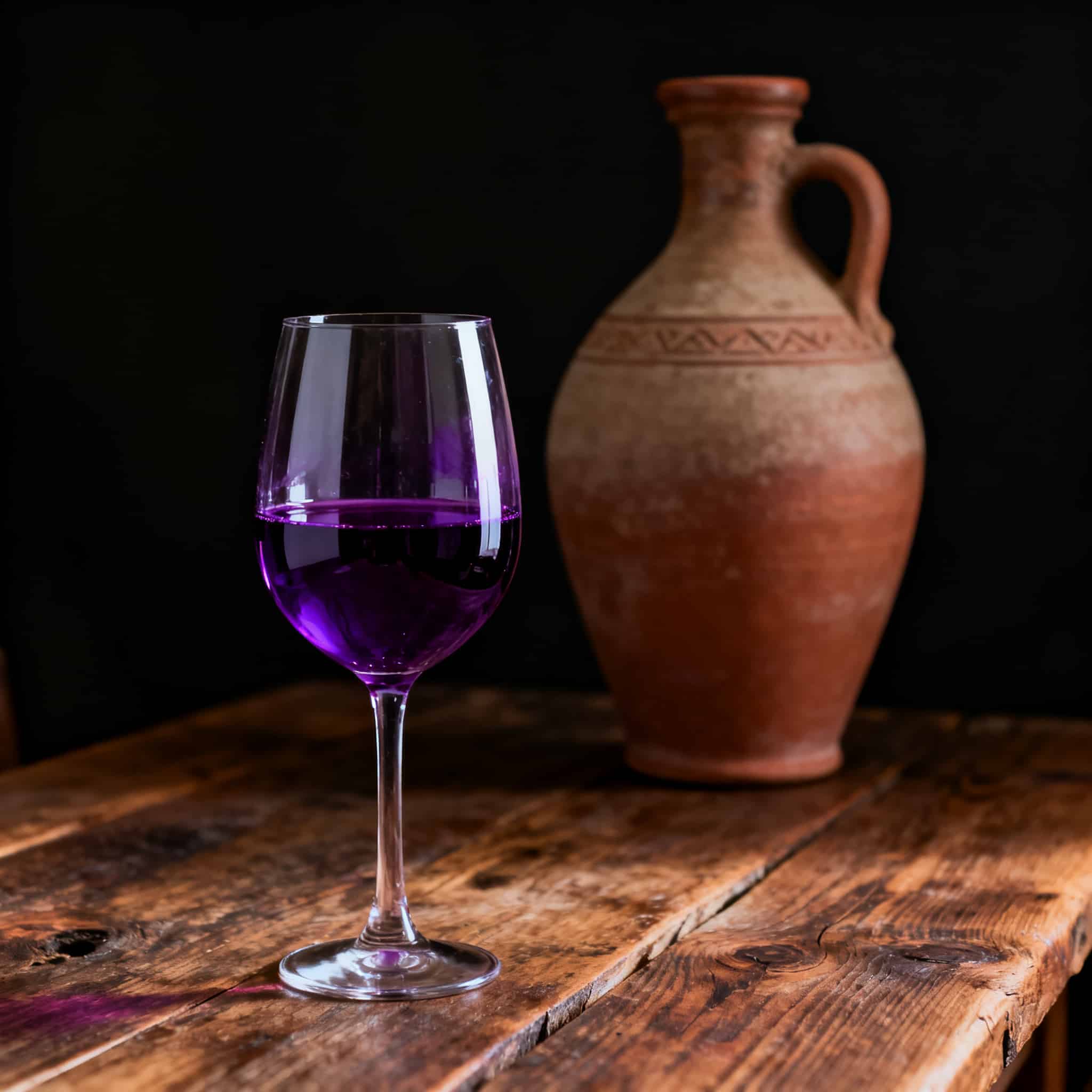 Verre de vin Saperavi rouge profond, couleur pourpre intense, Qvevri géorgien en arrière-plan