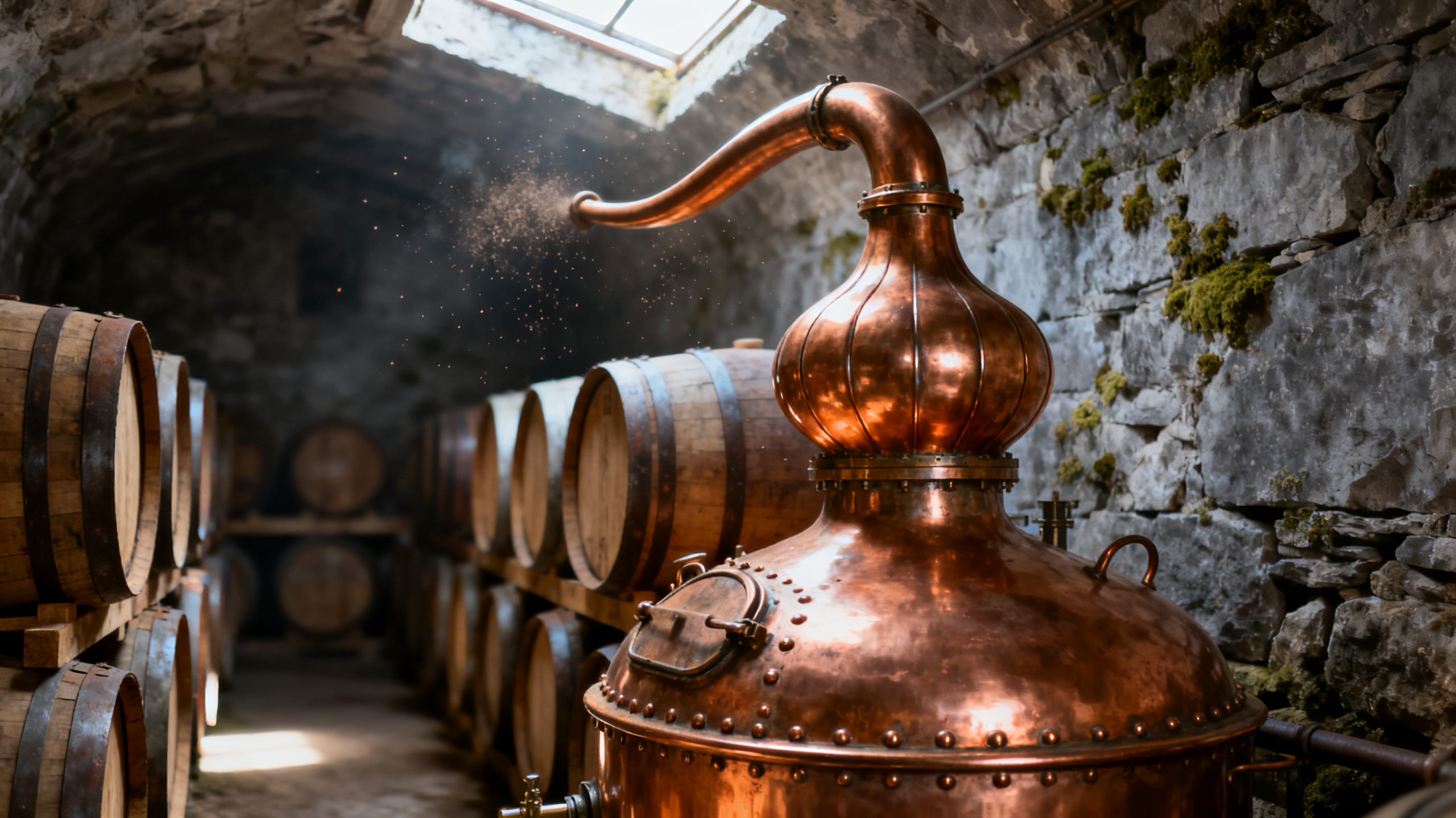 Alambic charentais et tonneaux de Cognac — distillation Ugni Blanc