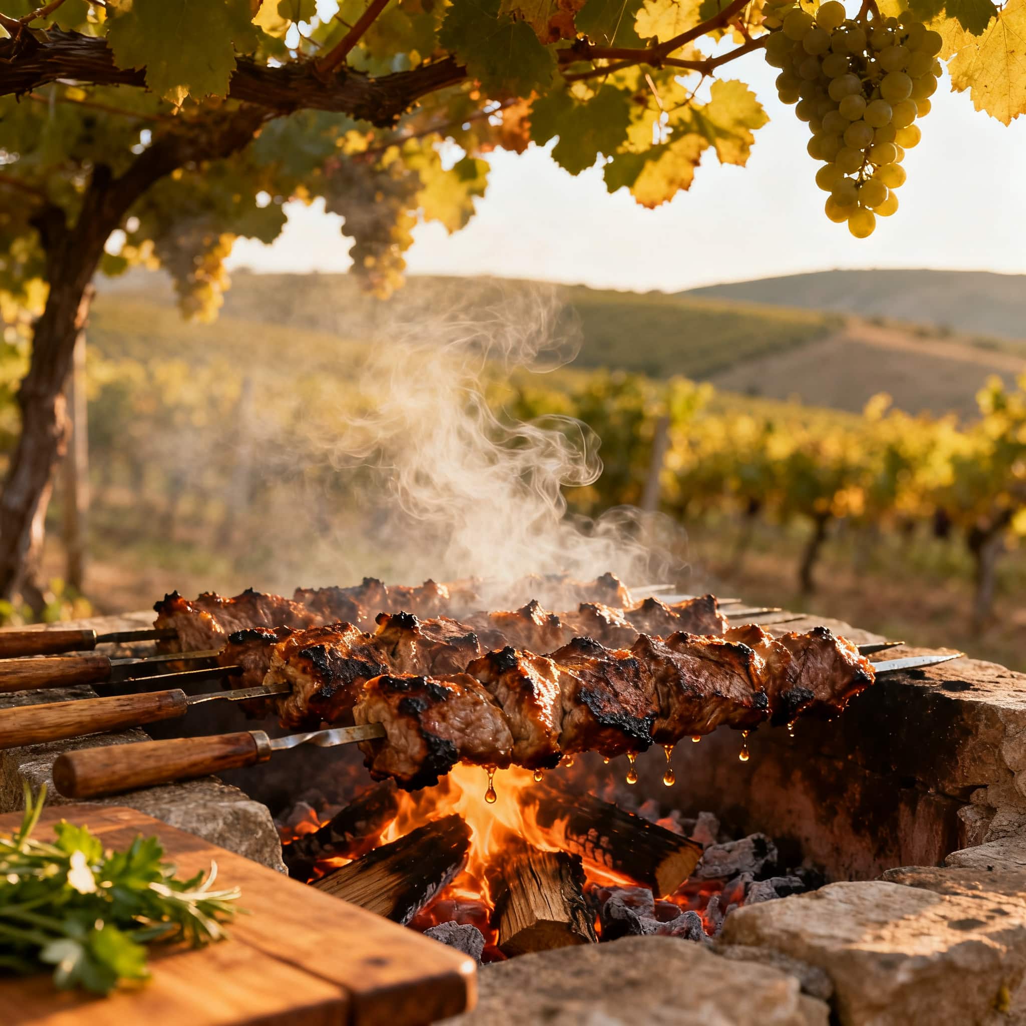 Mtsvadi, brochettes d'agneau géorgien grillées sur bois de vigne, accord parfait avec le Saperavi