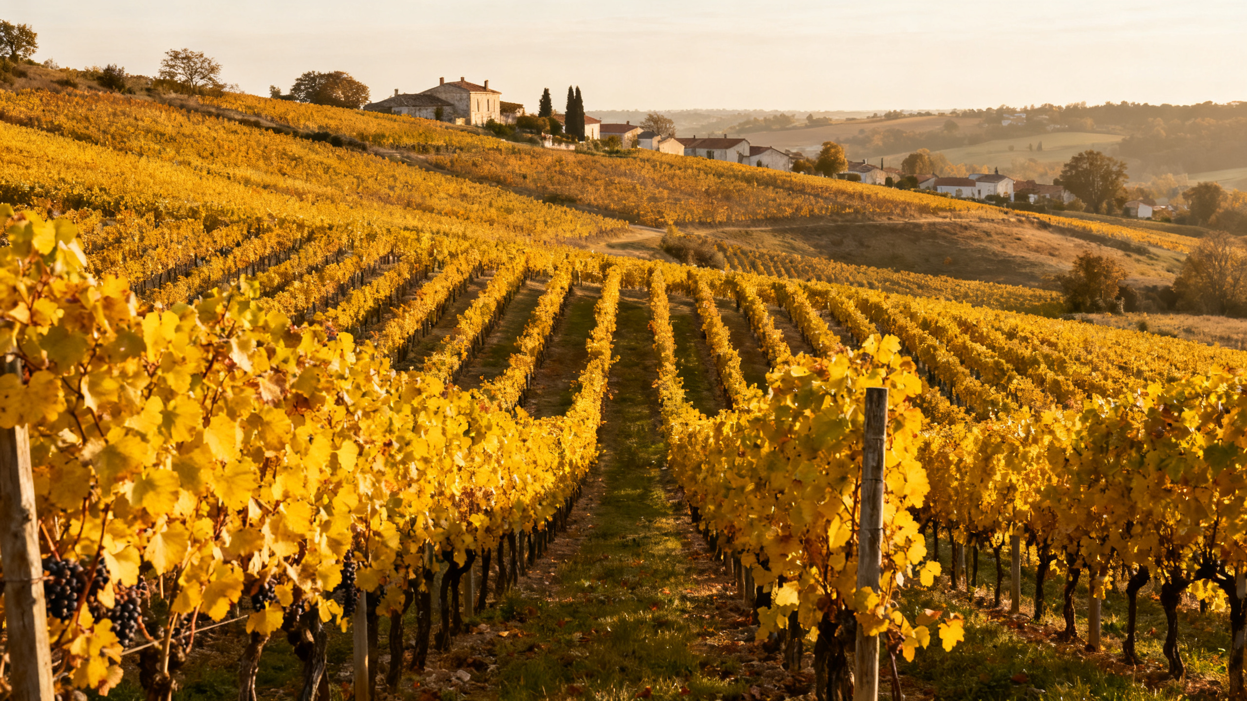 Vignobles d'Ugni Blanc en Charente avec vue sur les coteaux calcaires