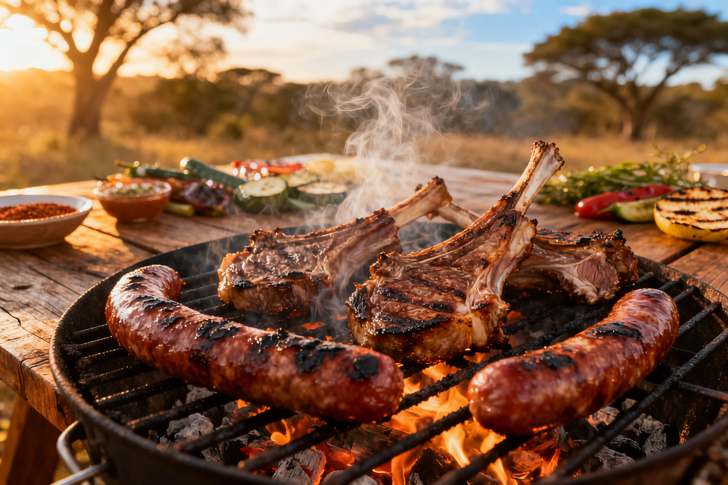 Braai sud-africain traditionnel avec boerewors et côtelettes d'agneau sur feu vif