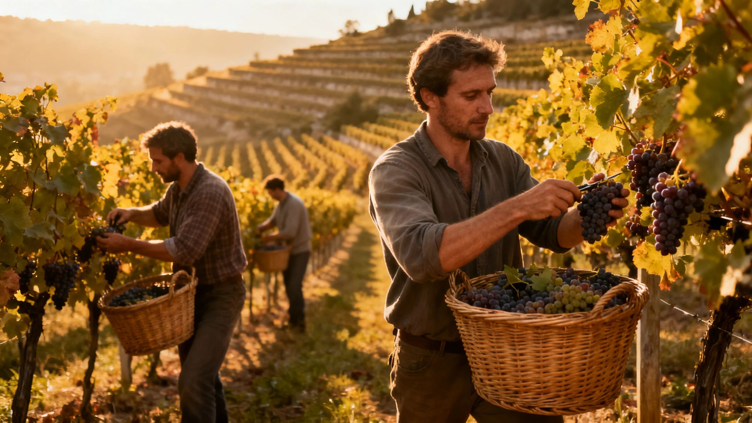 Vendangeurs dans un vignoble français lors des vendanges 2026, lumière dorée fin été