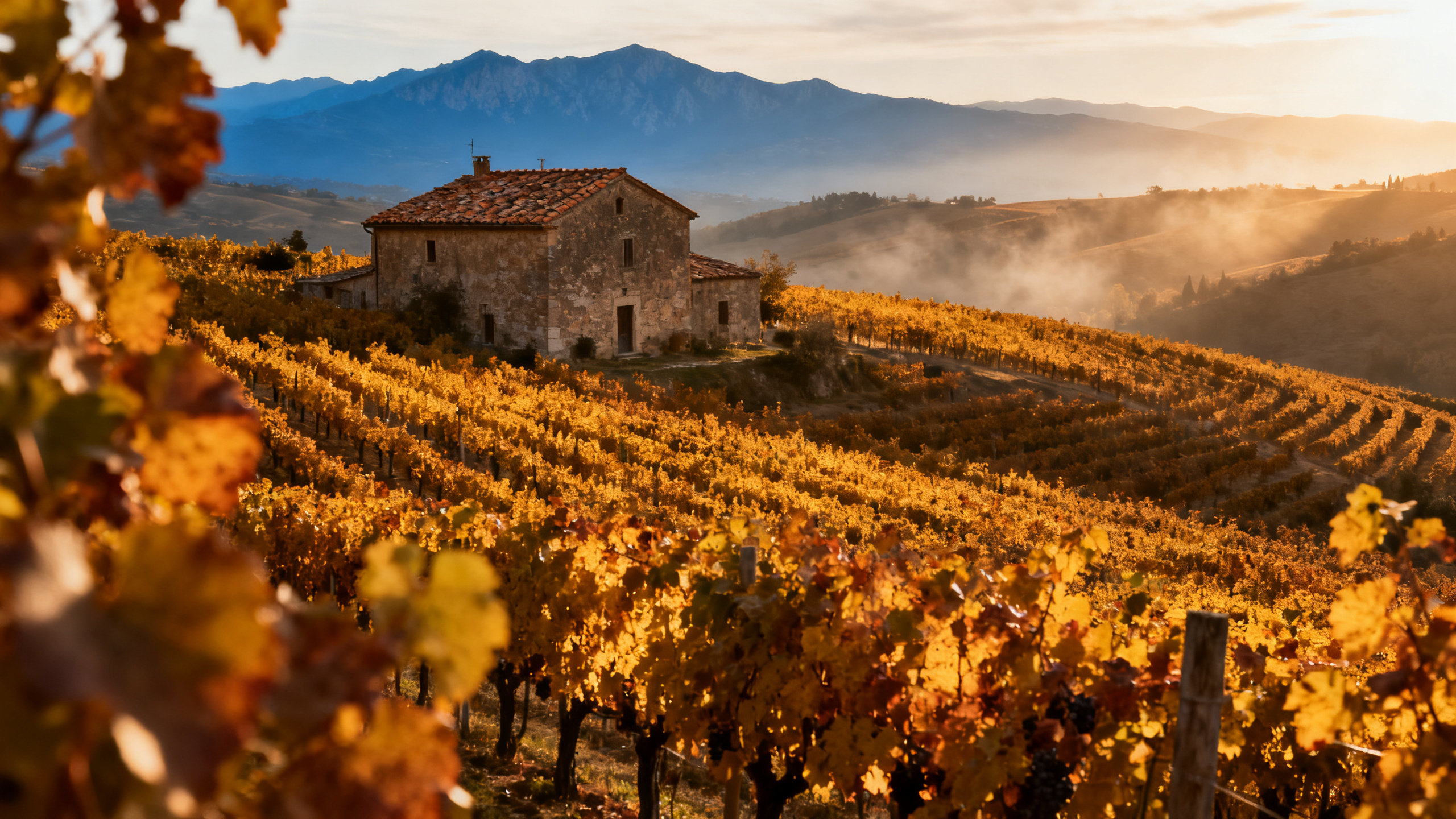 Vignoble d'Irpinia en Campanie, collines couvertes de vignes Aglianico à l'automne avec les Apennins en fond